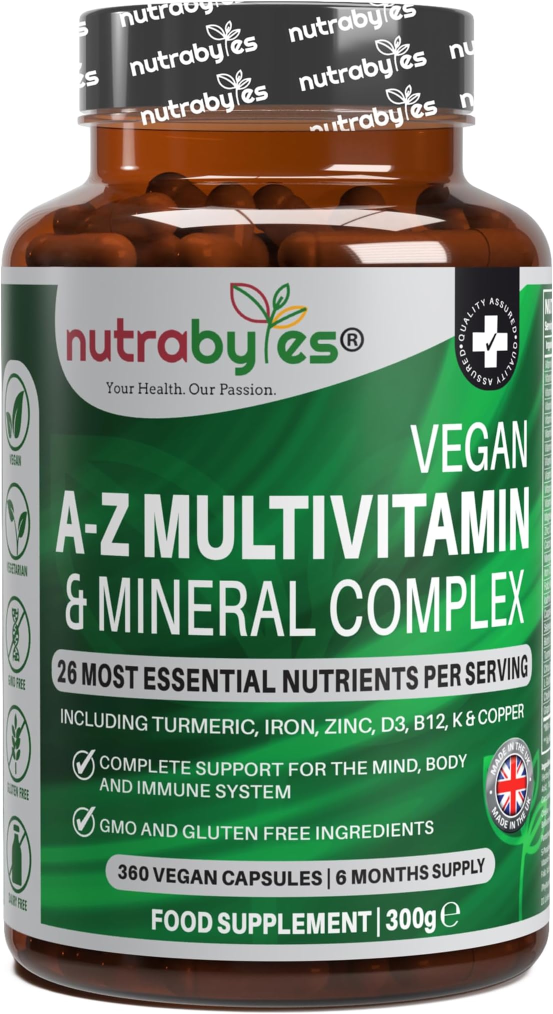 Vegan A-Z Multivitamin & Mineral Complex, 360 Capsules | 26 Essential Vitamins & Minerals Plant Based Supplement with Turmeric, Iron, Folic Acid and Zinc | 6 Months | UK Made
