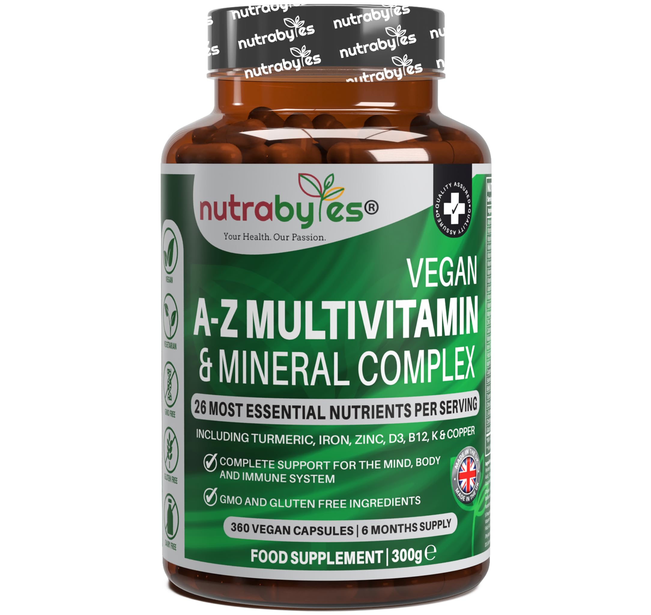 Vegan A-Z Multivitamin & Mineral Complex, 360 Capsules | 26 Essential Vitamins & Minerals Plant Based Supplement with Turmeric, Iron, Folic Acid and Zinc | 6 Months | UK Made