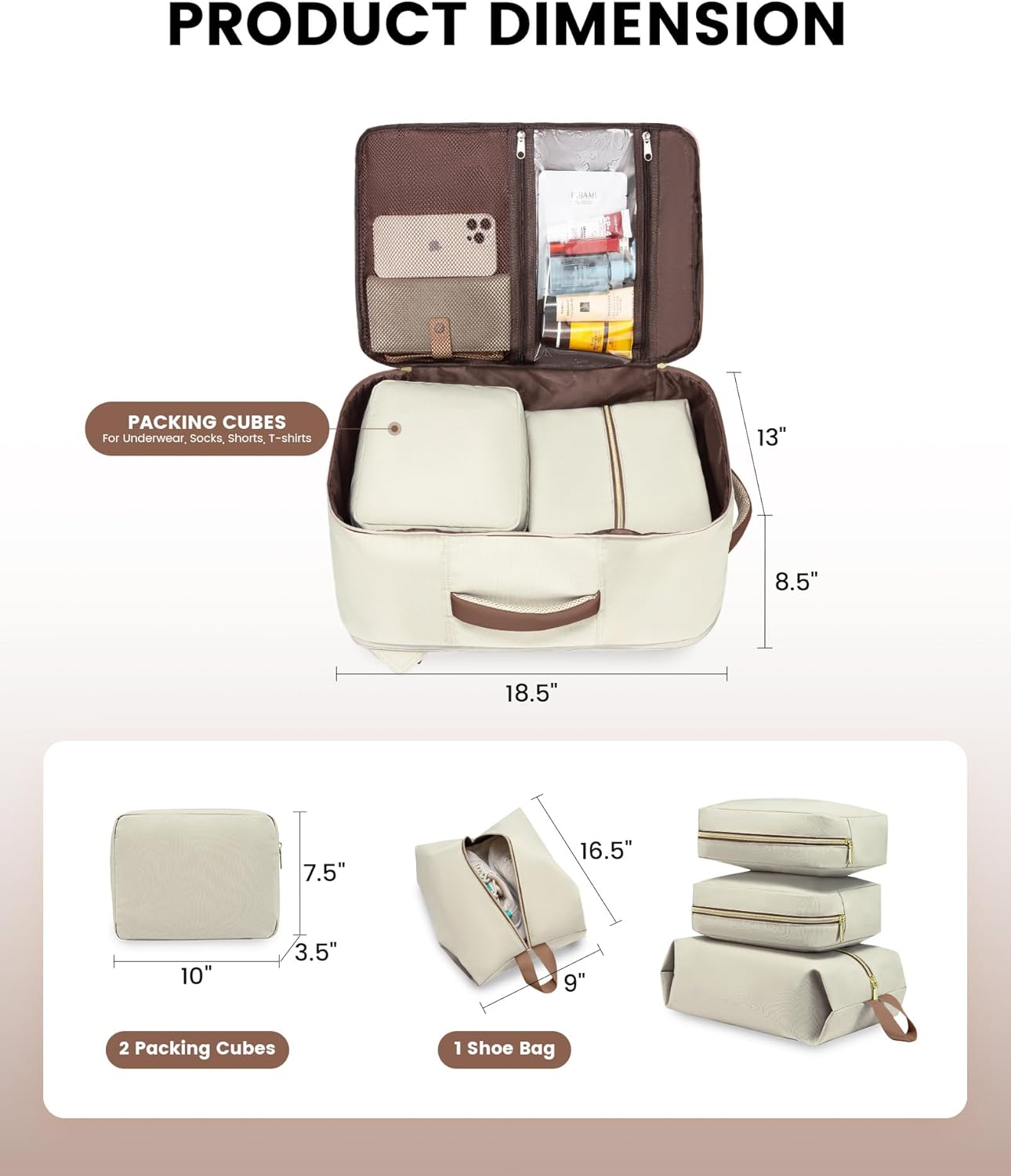 LOVEVOOK Travel Backpack, Carry On Backpack for Women, 40L Flight Approved Personal Item Backpack, Large Water Resistant Luggage Daypack with 3 Packing Cubes, fits 17inch Laptop, Beige-brown