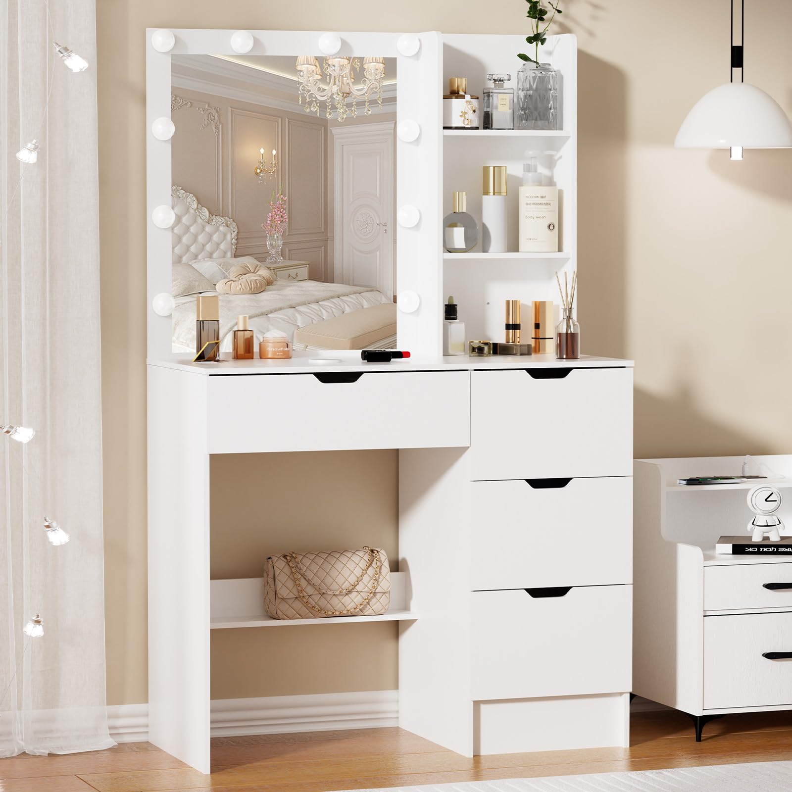 Large LED Lighted Makeup Vanity Set With Drawers - Dressing Table Desk, Modern Style, Assembly Required