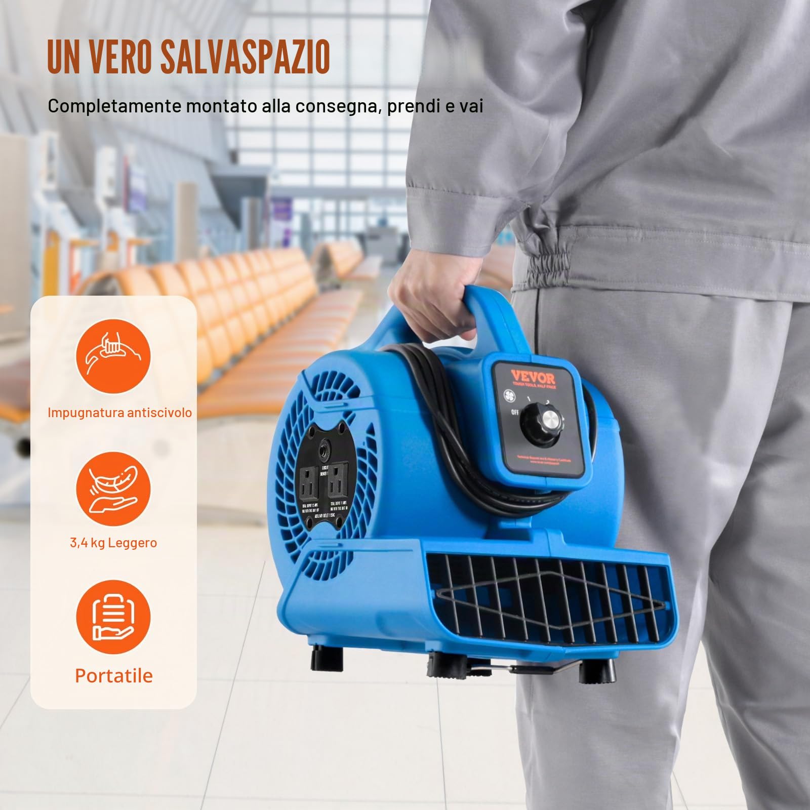 VEVOR Ventilatore Pavimento 1360 Giri/min Ventilatore per Asciuga Moquette Portatile 16,99 m³/min 4 Angoli di Soffio 3 Impostazioni di Velocità per Impianti Idraulici Domestici Commerciali di Pulizia