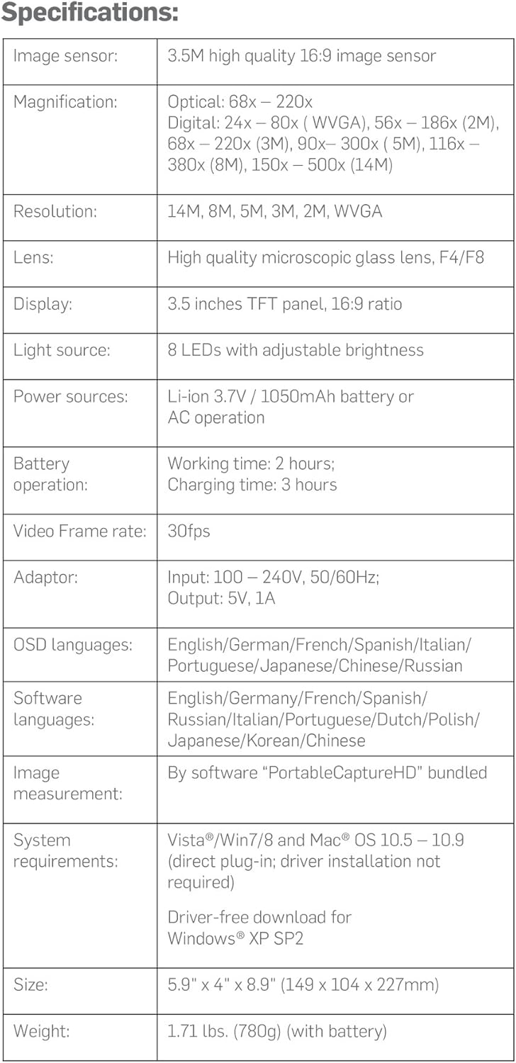 Detailed technical specifications of the Ivation Digital Microscope.