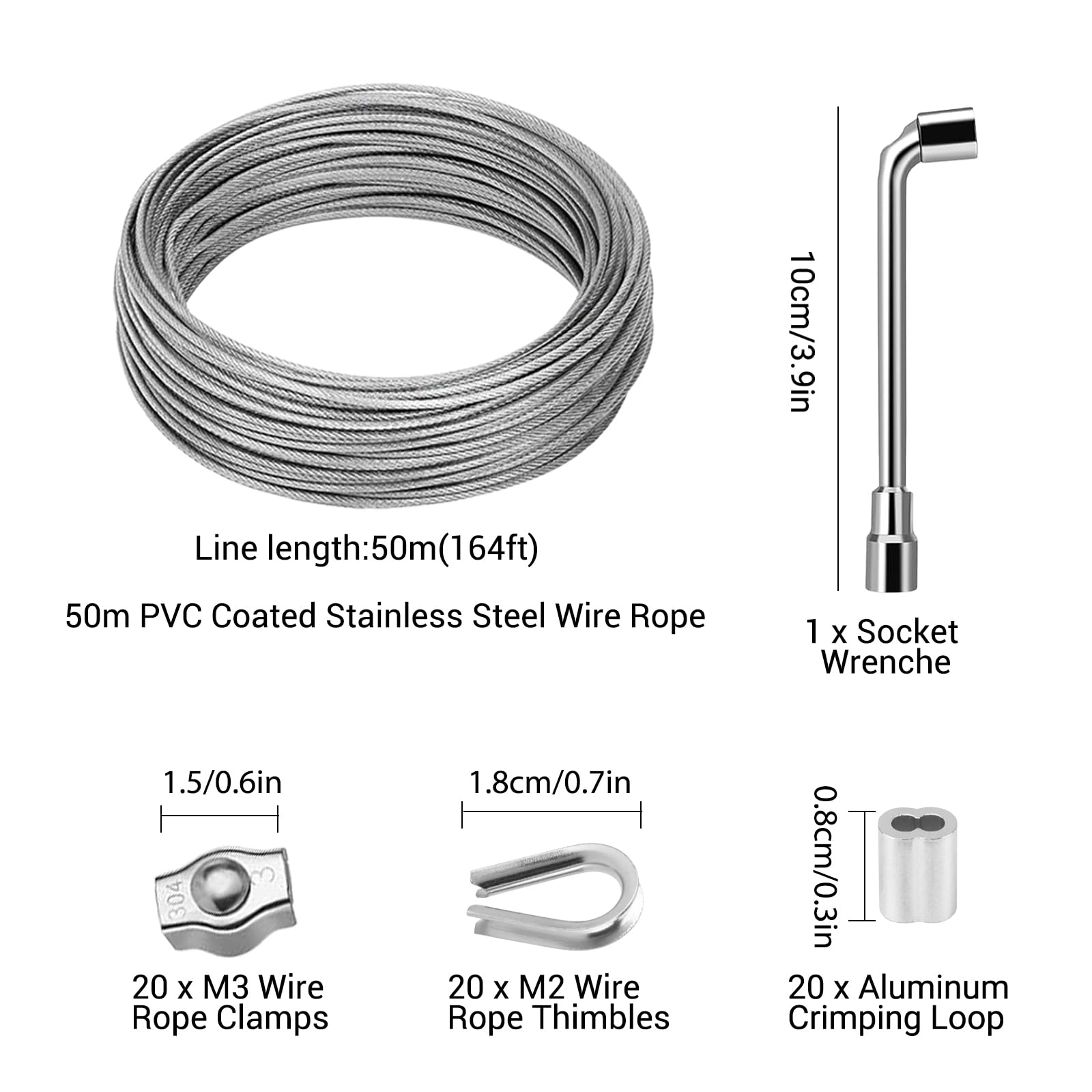Lot 50M Câble Acier Kit, Câble Métallique en Acier Inoxydable Épais de 2mm, Tendeur Câble Inox, 304 Cable Acier Inoxydable à Noyau 7 x 7 Brins pour Plante Grimpante, Corde à Linge