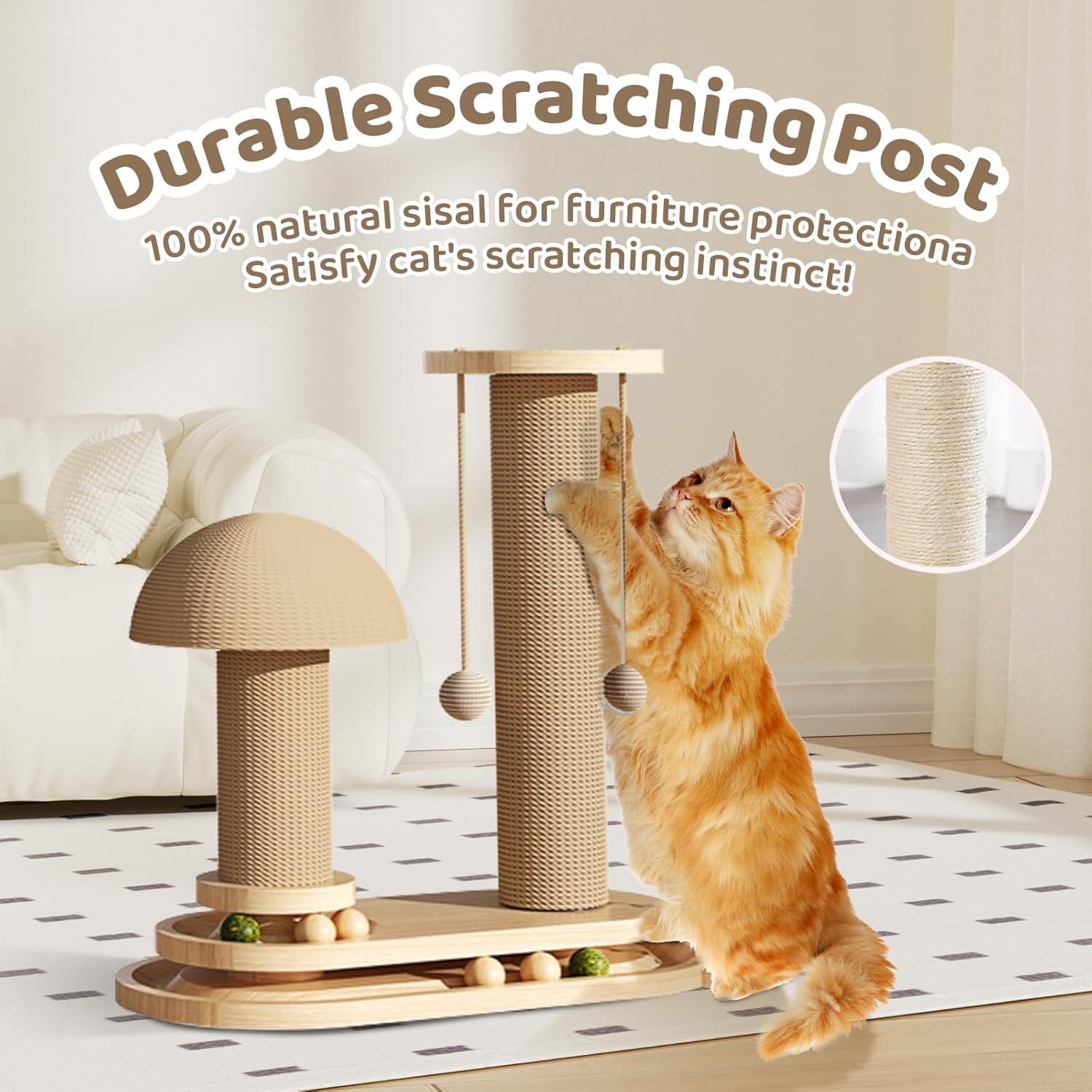 review Cat Scratching Post, 4 in 1 Wooden Cat Scratcher Toy Scratch Post with 2 Level Cat Track Balls, Interactive Cat Feather Toy and 2 Sisal Hanging Balls for Indoor Kittens, Small Cats ((Mushroom Style))