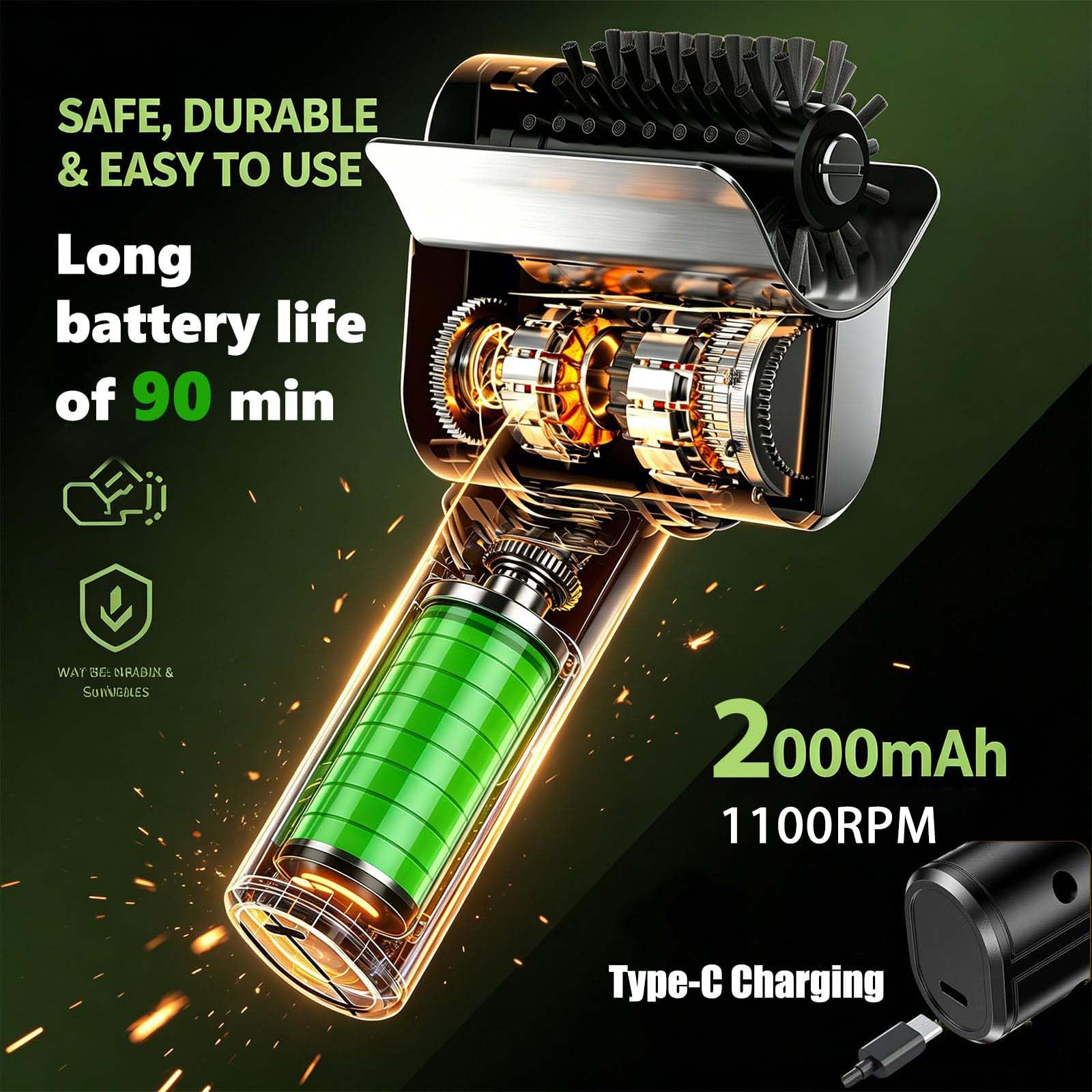 Cepillo eléctrico inalámbrico para Parrilla, Limpiador de Barbacoa de 1100 RPM con batería de 90 Minutos, cerdas de Acero Inoxidable Resistentes, Mango ergonómico para Parrilla ahumadora