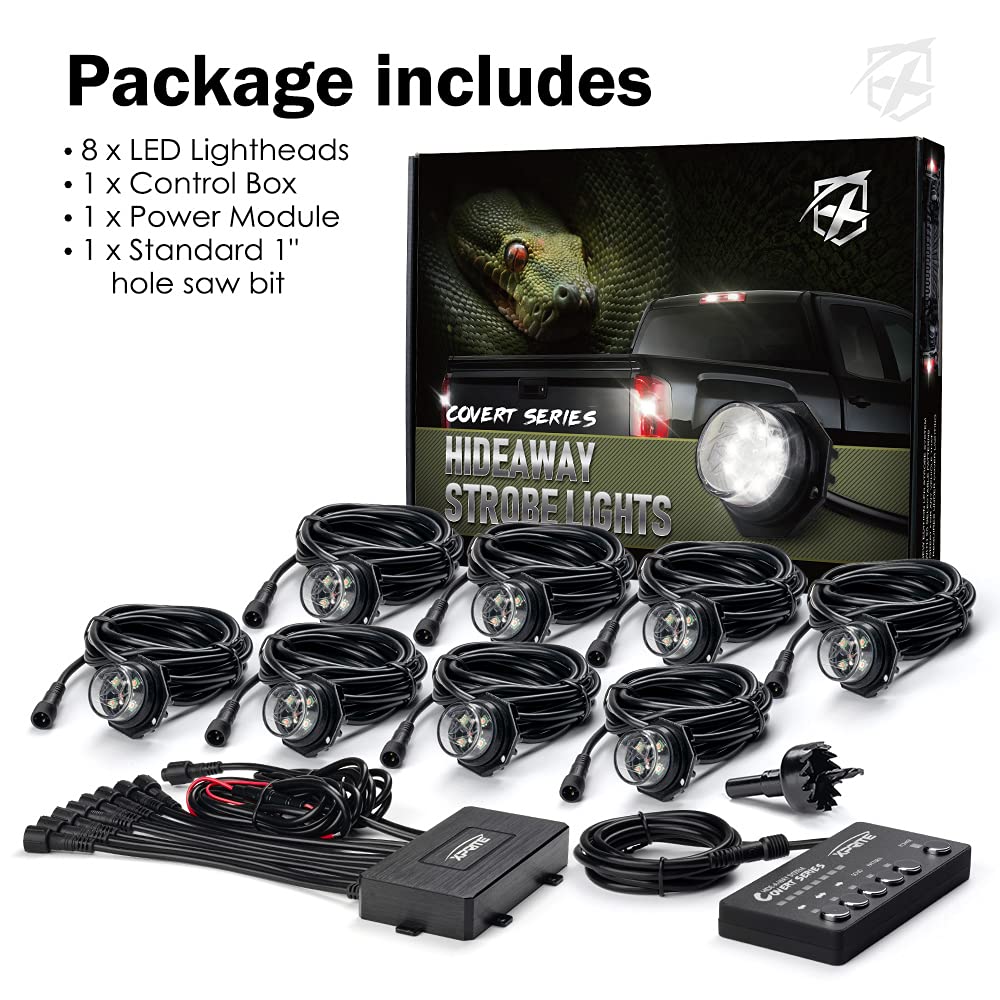 Xprite Amber Green LED Hideaway Strobe Lights Kit 20 Flashing Patterns w/Control Panel Headlights Taillights Fog Light Mounting, for Roadside Emergency Vehicles Trucks SUV Vans Cars 8 PCs