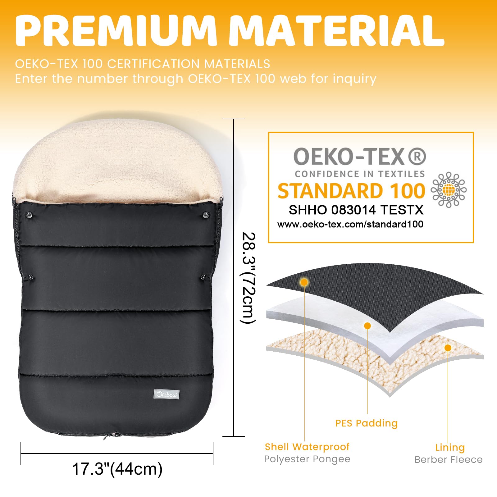 Orzbow Sacco Ovetto Invernale 0-6 Mesi, Regolabile Sacco Termico per Ovetto con Cerniere, Facile Accesso, Impermeabile Coperta Ovetto Neonato Invernale con Pile Berbero, Caldo, Nero