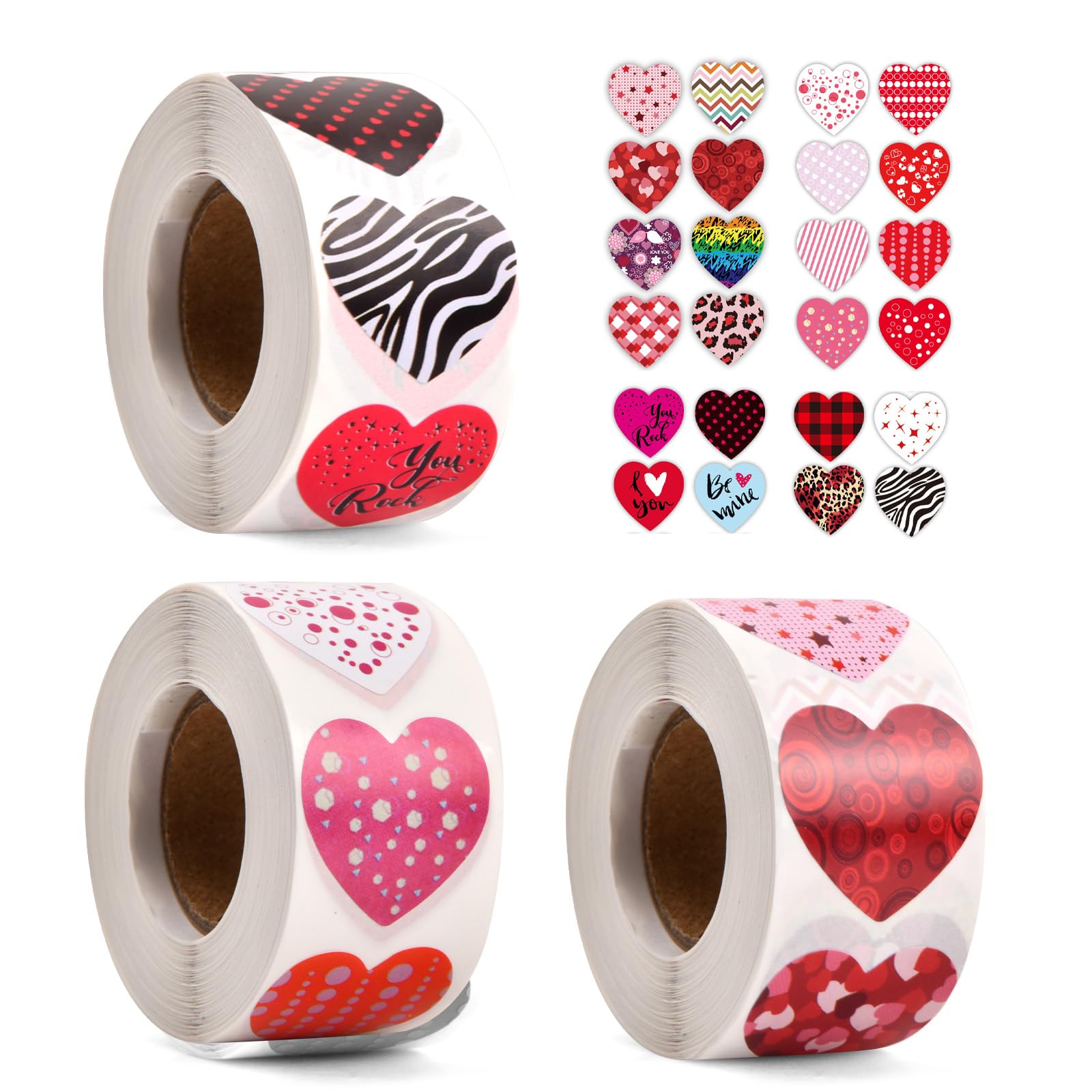 Anseom 3 Rollos Autoadhesivas Corazón Etiquetas Rollo 1500 Piezas Pegatinas Autoadhesivas Corazón 25mm Pegatinas en Forma de Corazón Rollo para Bodas