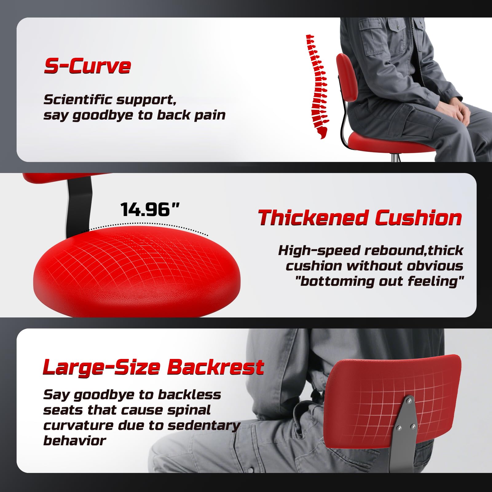 Taburete rodante con respaldo y ruedas, taburete mecánico de garaje con altura ajustable de 15.5 a 18.3 pulgadas, silla de taller resistente giratoria de 360°, asiento de trabajo de PVC, 5