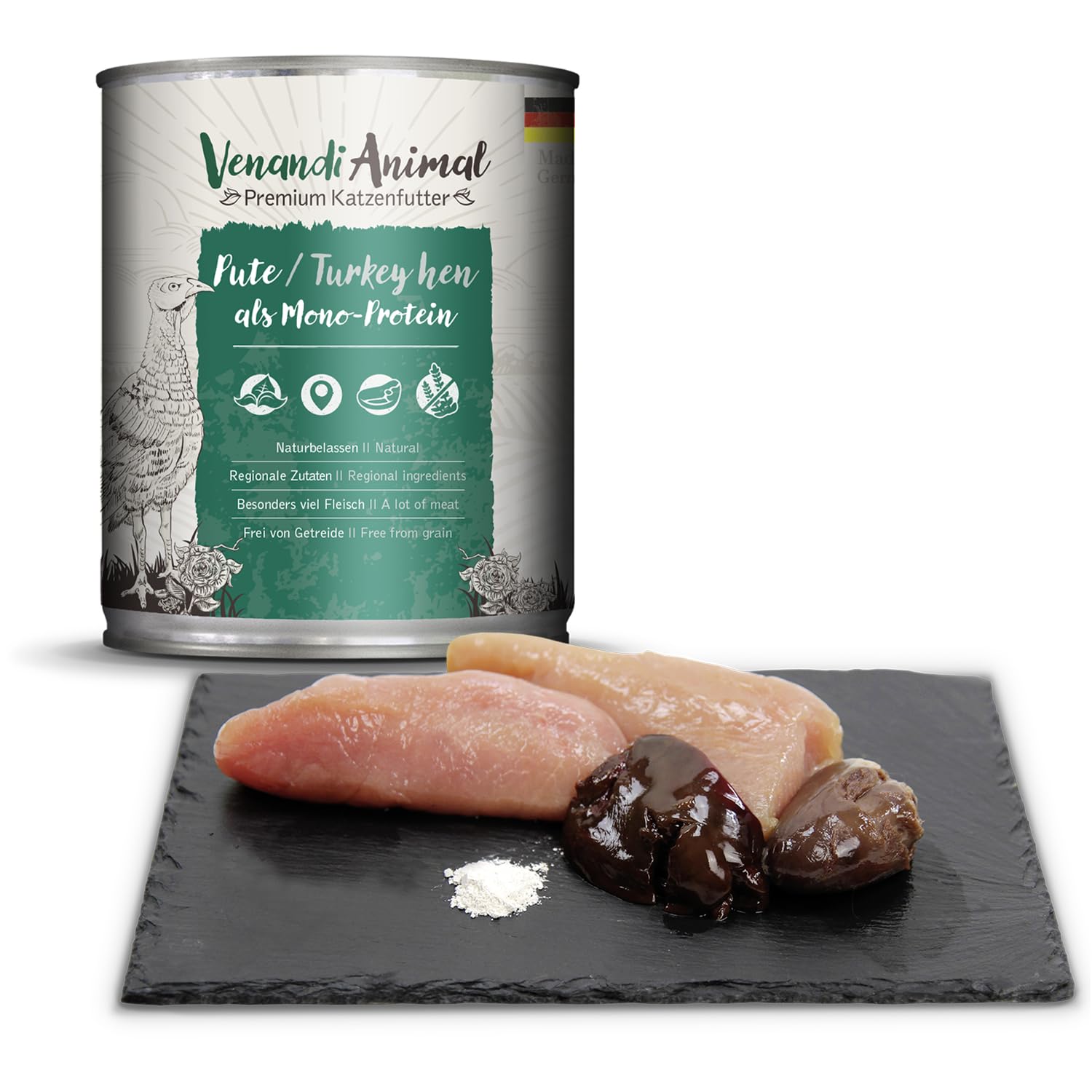 Venandi Animal Premium cibo umido per gatti, confezione di prova III, pollo, tacchino, manzo, pollo + coniglio, vitello, tacchino, 6 x 800 g, senza cereali e naturale, 4.8 kg