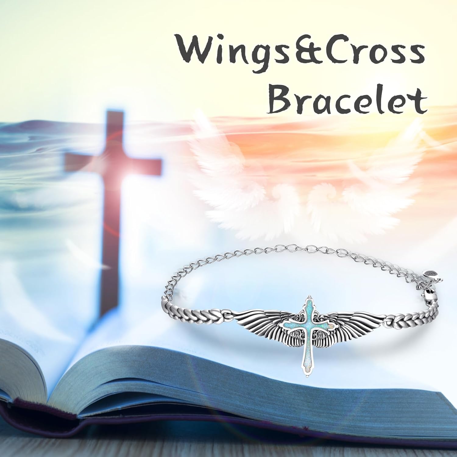 Angel Cross Bracelet for Women Men 925 Sterling Silver Opal Angel Wings Cross Bracelet Inspirational Guardian Jewelry Birthday Valentines Day Jewelry Gifts for Women