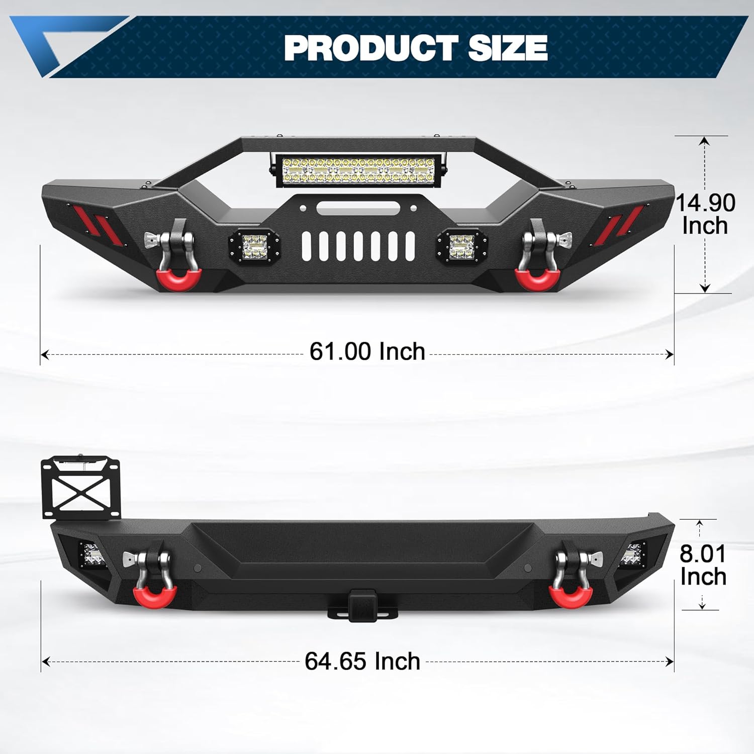 Wrangler JL Front Bumper + Rear Bumper with Winch Plate, D-ring and Lights Compatible with 2019-2026 Jeep Wrangler JL JLU Unlimited 2/4 Doors