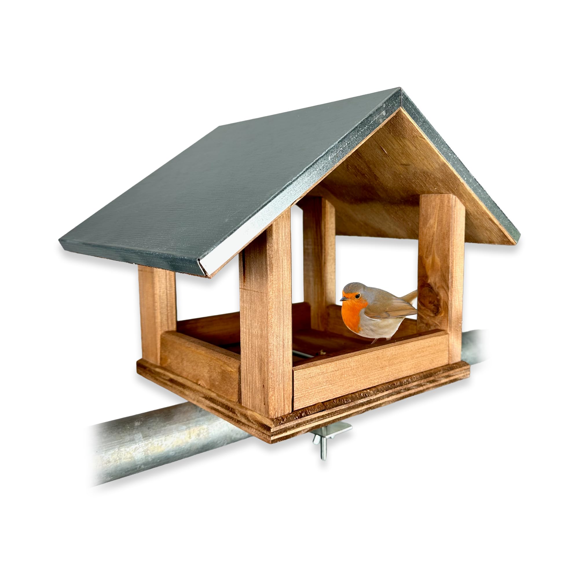GARTENETAGE Vogelhaus mit Metalldach und Balkonhalterung – wetterfestes Futterhaus aus Kiefernholz für Wildvögel, Meisen, Rotkehlchen & Spatzen – robuste Vogelstation für Balkon & Terrasse