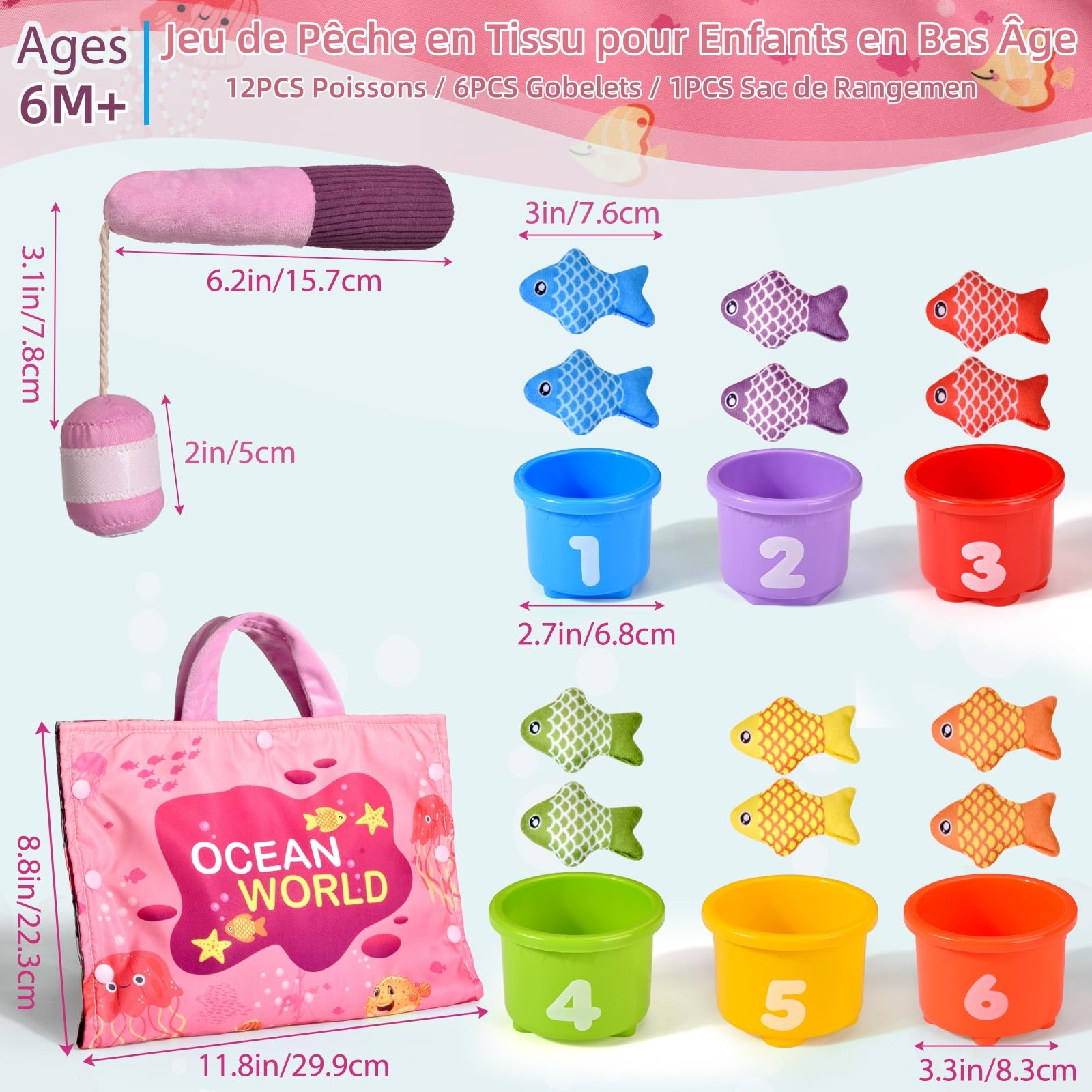 Jouet Fille 1 an, Jeux Montessori Pêche a la Ligne pour Enfant 6 9 12 18 Mois, Apprendre Les Couleurs avec Jouets,Fille Garçon Jouet Bebe 6 Mois Pink Cadeau pour Enfant 1 2 3 Ans
