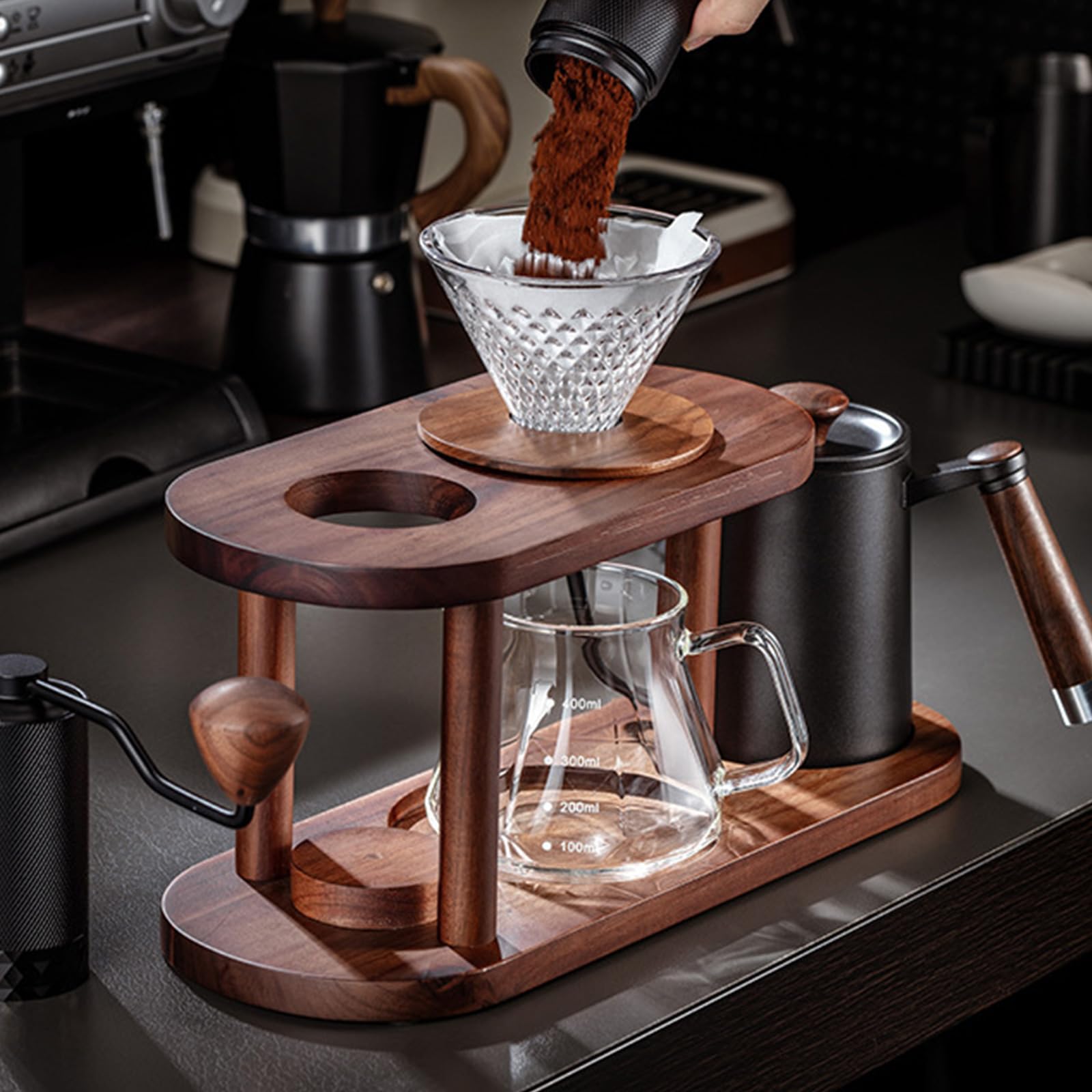 Einfaches Handtropfer Kaffeebrüher Set aus Naturholz und hitzebeständigem Glas Kaffeezubehör für kleine Küchen Einfache Ausstattung