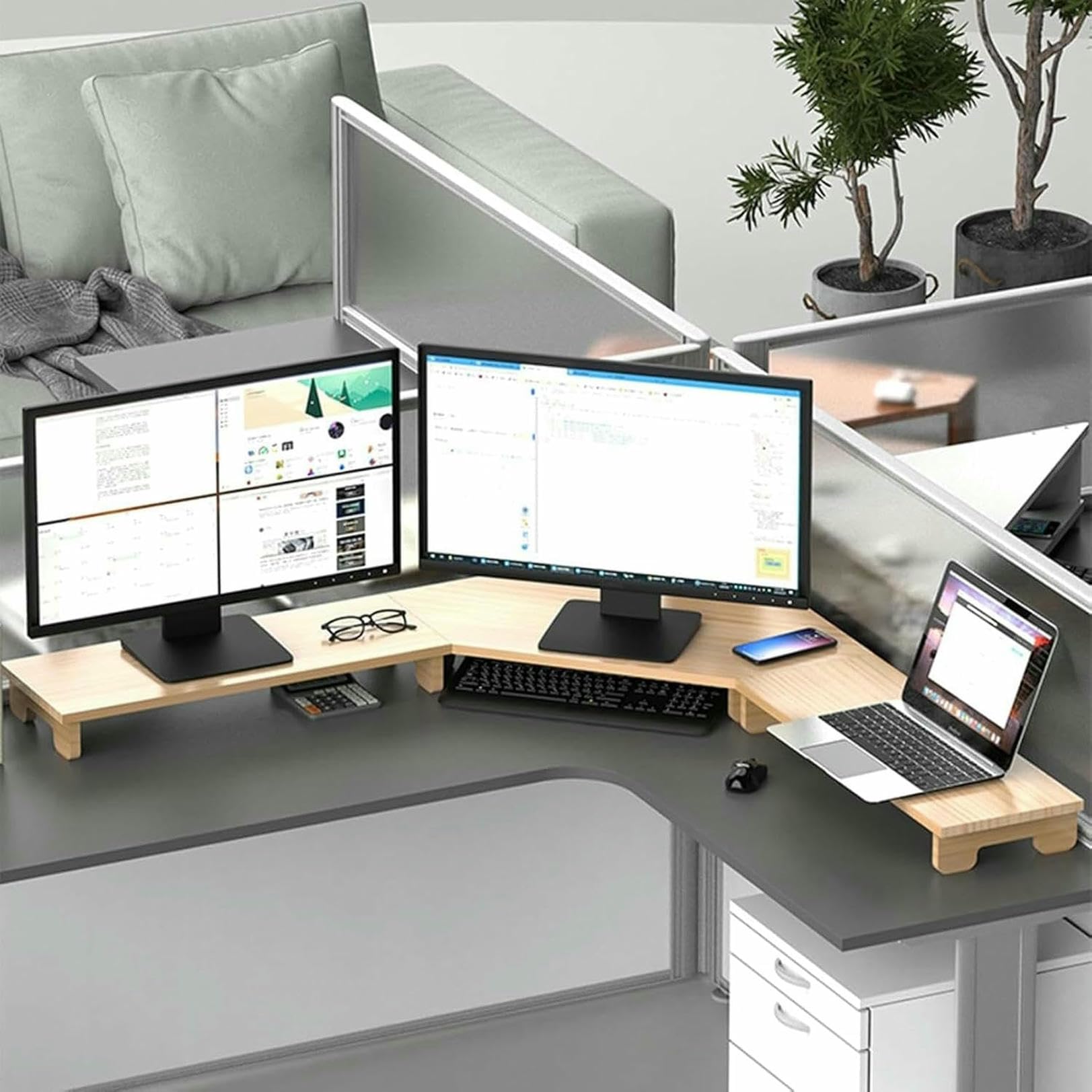 Support d'écran pour bureau d'angle en bois pour un télétravail organisé