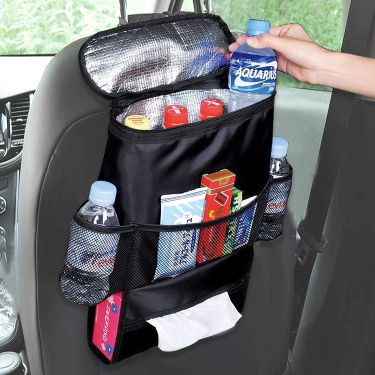 Ruesious Car Seat Organizer/Auto Seat Back Organizer/Multi-Pocket Travel Storage Bag/Insulated Car Seat Back Drinks Holder Cooler/Storage Bag Cool Wrap Bottle Bag with Mesh Pockets(Heat-Preservation)