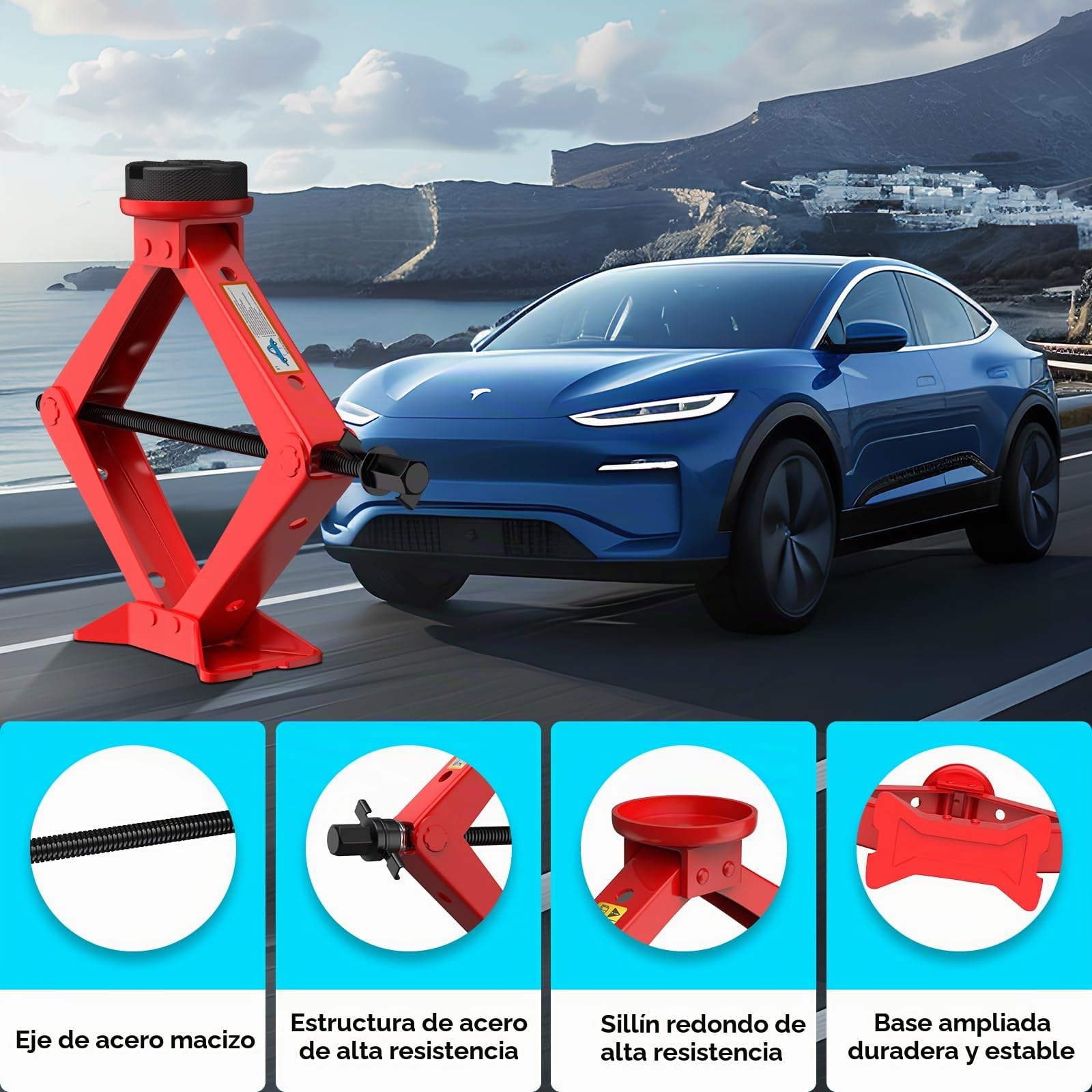 IMAYCC Nueva Actualización Gato para Coche 3T/3000kg,Kit de Gato Coche Universal con 2 Piezas Bloque de Goma, Portátil Kit de Emergencia con Llave de Tuercas de Rueda para SUV MPV Tesla