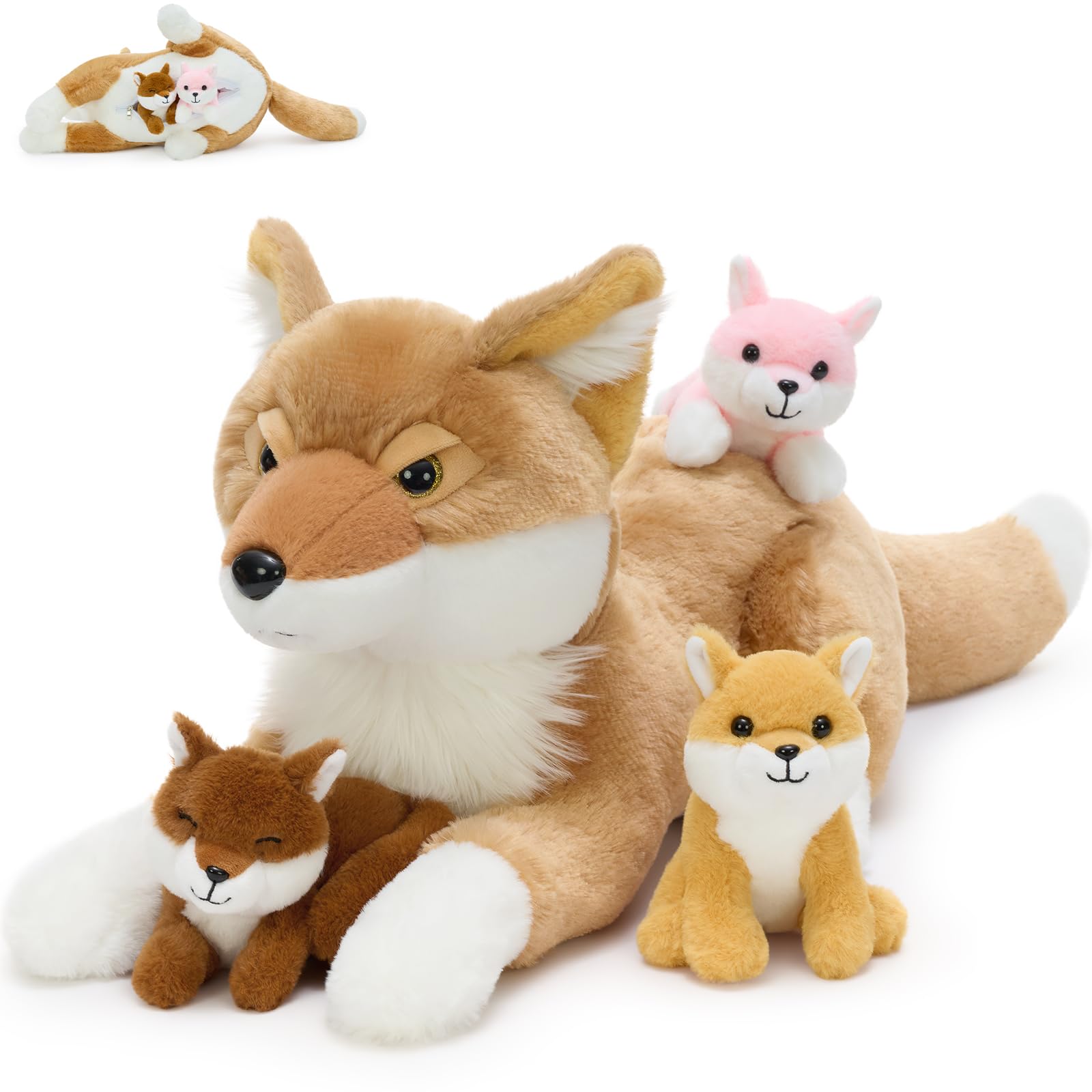 MorisMos Big Fox Teddy Soft Toy, 55cm Cuddly Fluffy Mommy with 3 Babies Inside, Plush Stuffed Animal Teddy Gift for Kids Birthday Deco