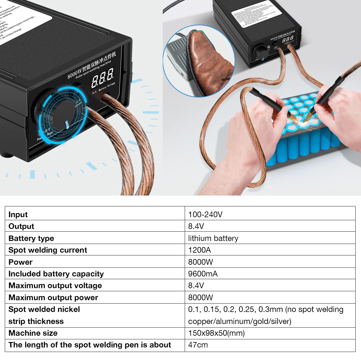 Hosyond Soldador por puntos de batería de mano de 8000 W, kit de máquina de soldadura portátil de bricolaje, soldador por puntos de alta potencia con tira de níquel para batería 18650