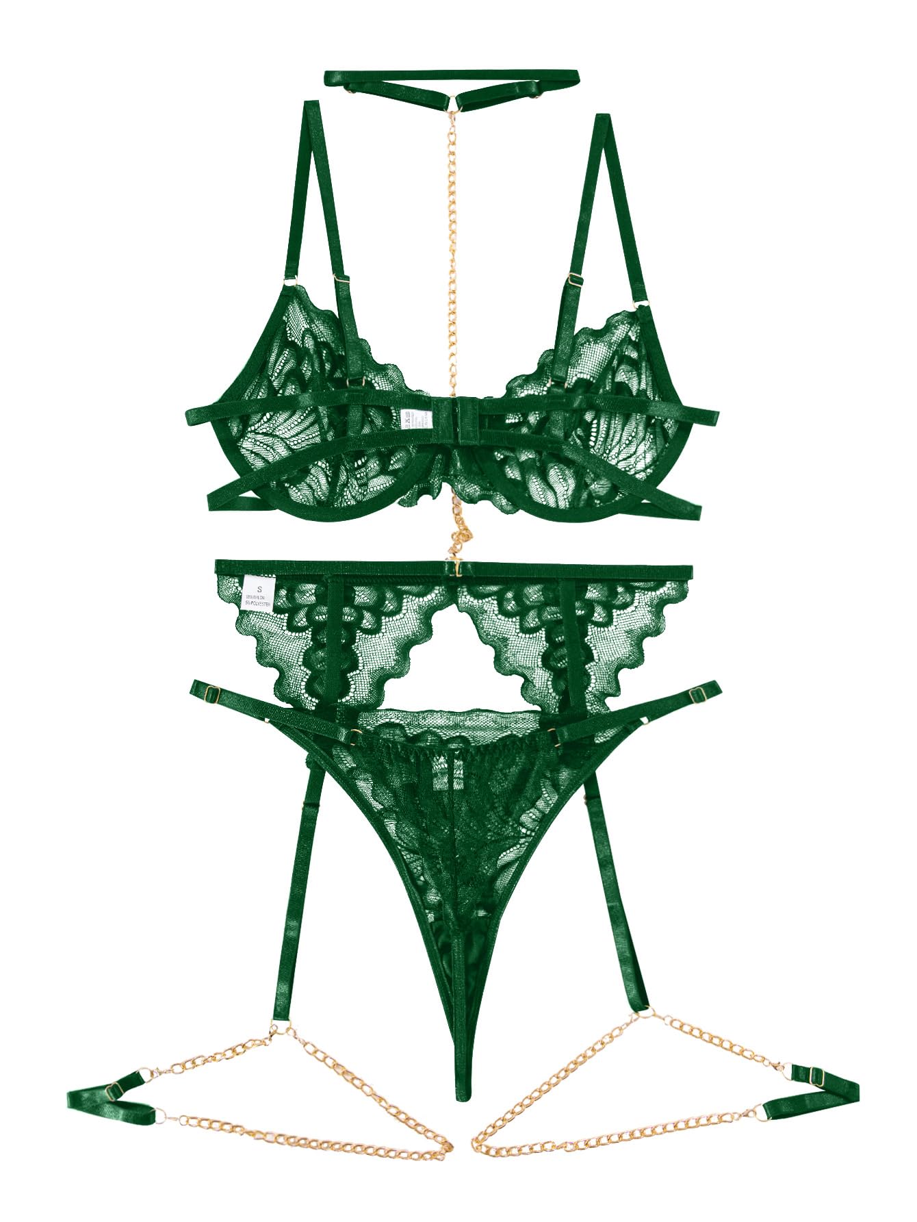 Lilosy Sexy Choker Floral Lace Scallop Sheer Underwire Push Up Garter Belt Lingerie Set 3 Piece: Medium Chain Army Green