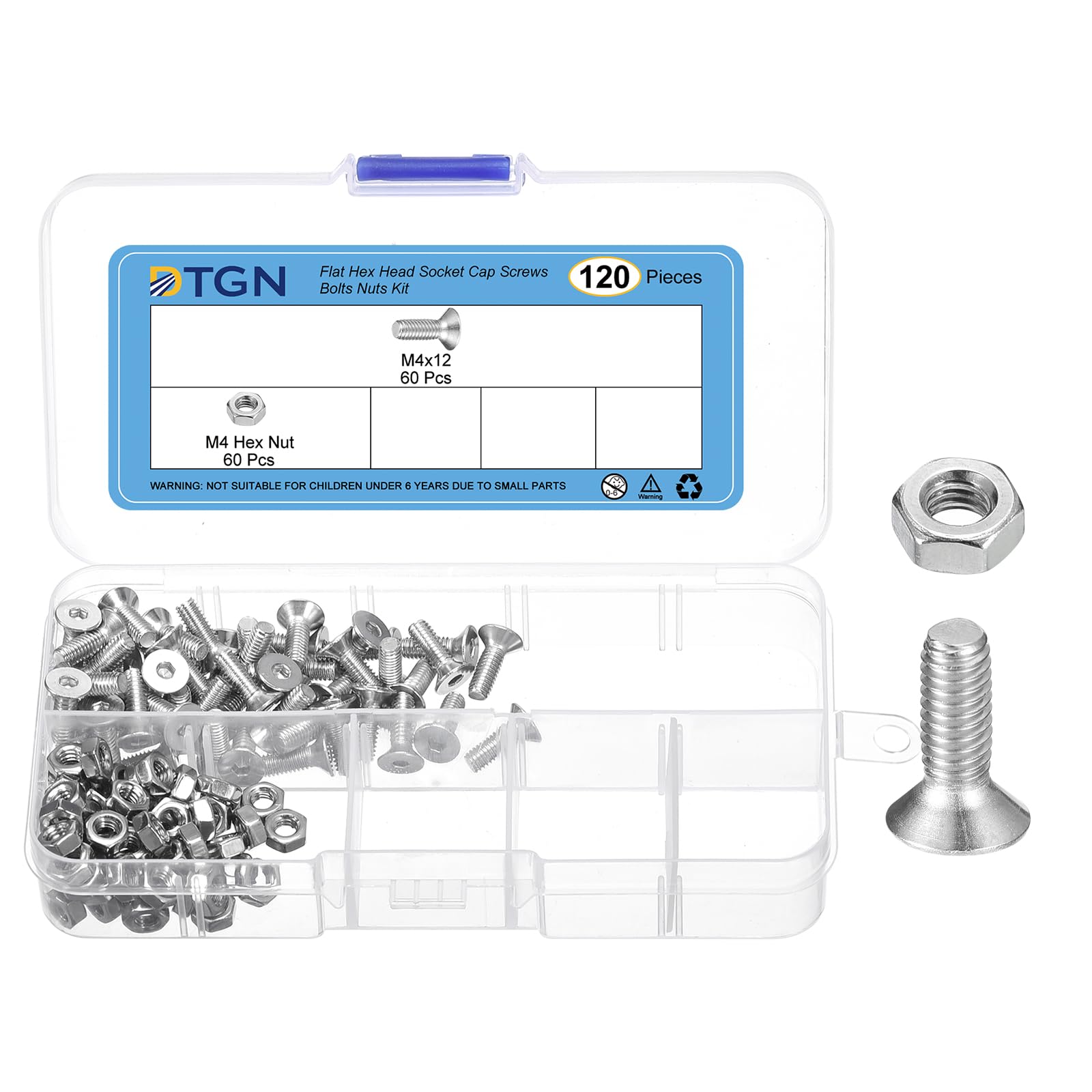DTGN 120Pcs M4-0.5 x 12mm Flat Head Hex Socket Cap Screws Bolts Nuts Kit