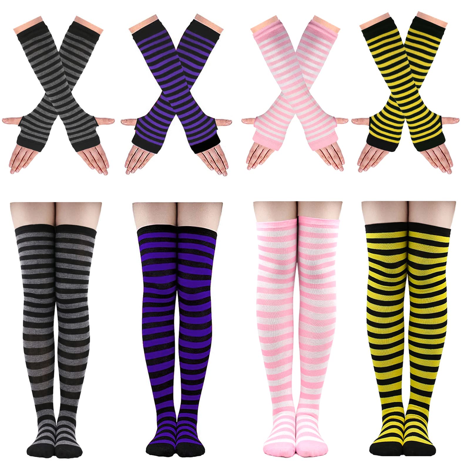 Ibeauti 8 Pcs Womens Striped Knee High Socks Stockings Y2K Goth Knitted Long Arm Warmer Fingerless Gloves Set