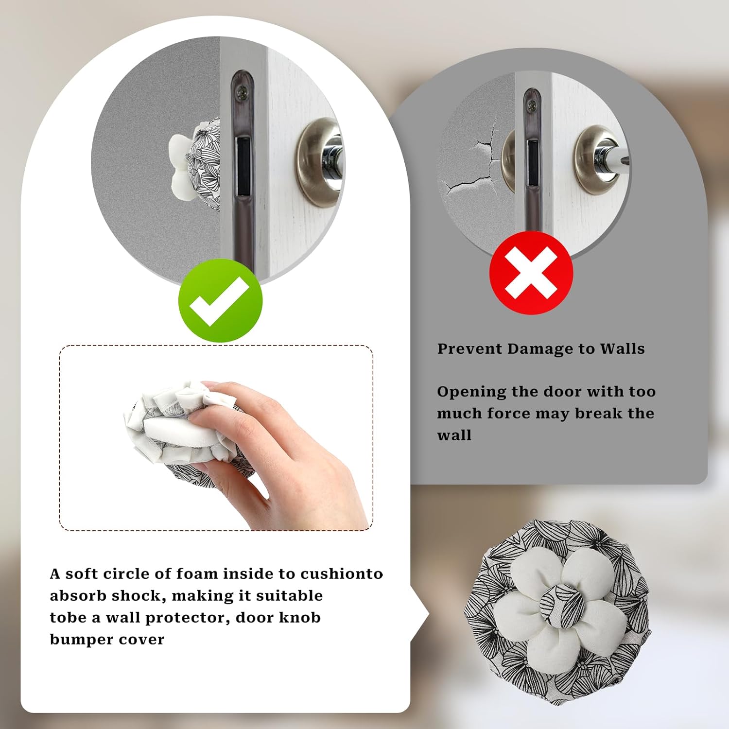 2 Pcs Door Knob Cover Black Floral Door Knob Protector Wall Protectors Reusable Round Cotton Washable Decorative Doors Handle Cover with Soft Foam Cushion