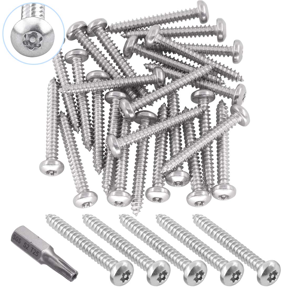Glarks 51Pcs #10 x 1-1/2'' Button Head Torx Security Stainless Steel Screws Tamper Resistant Sheet Metal Screws with T25 Bit Set (50pcs #10 x 1-1/2'')