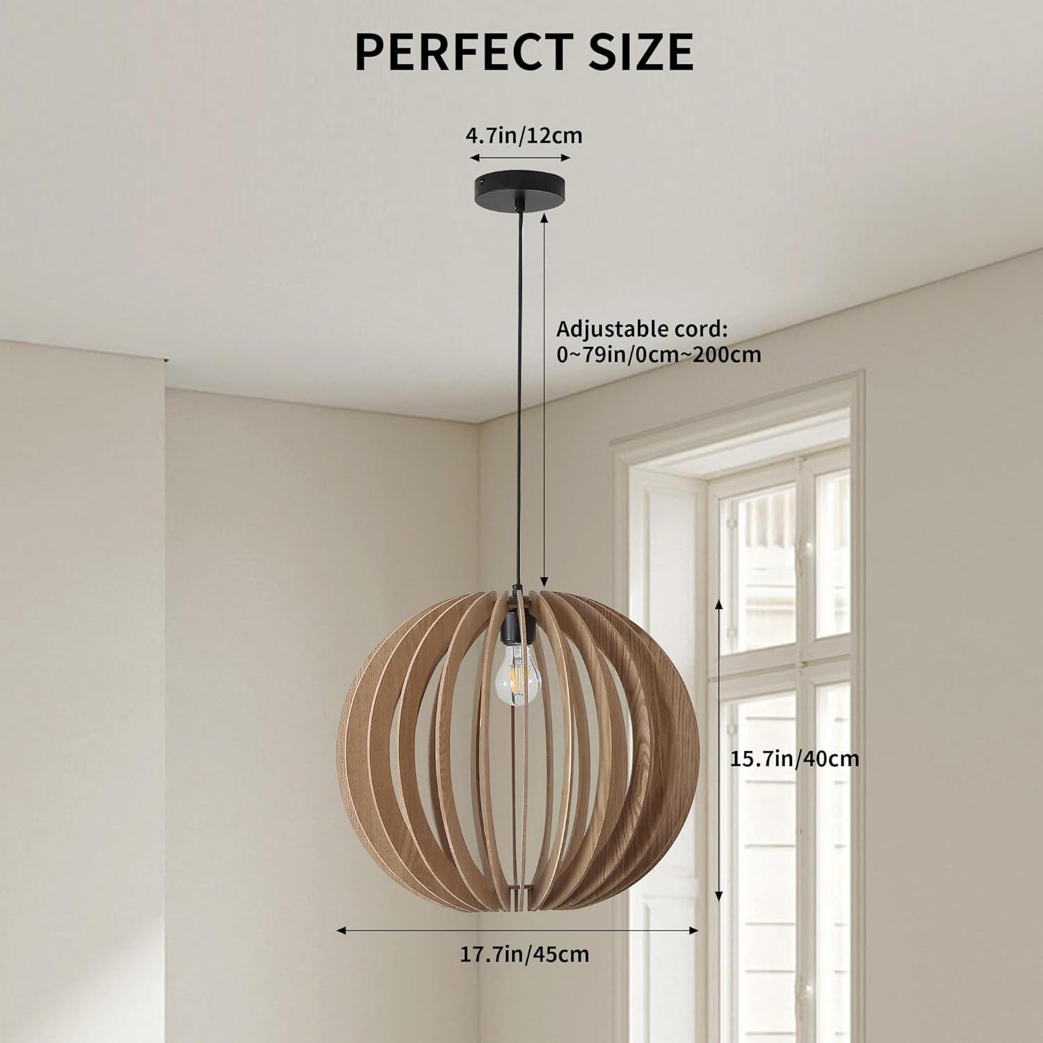 Vintage Wood Pendant Light Fixtures, Modern Farmhouse Walnut Dining Room Chandelier, Mid-Century Ceiling Mount Hanging Light Fixture for Kitchen, Bedroom, Living Room, Foyer, Art Decor, Black