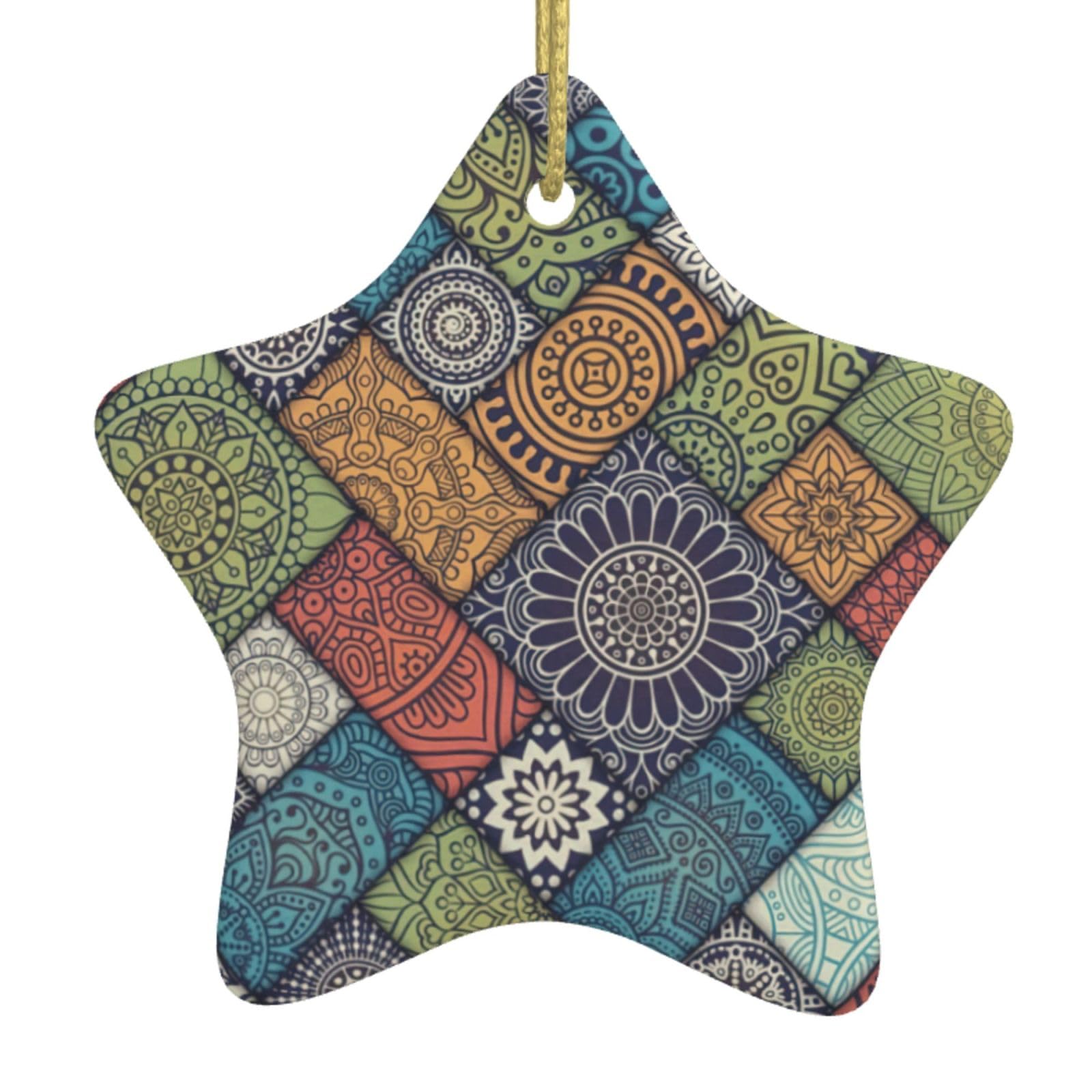 Nbtghga White Background Geometry Print Christmas Ornaments, Ceramic Hanging Ornament, Round Shape Decorations