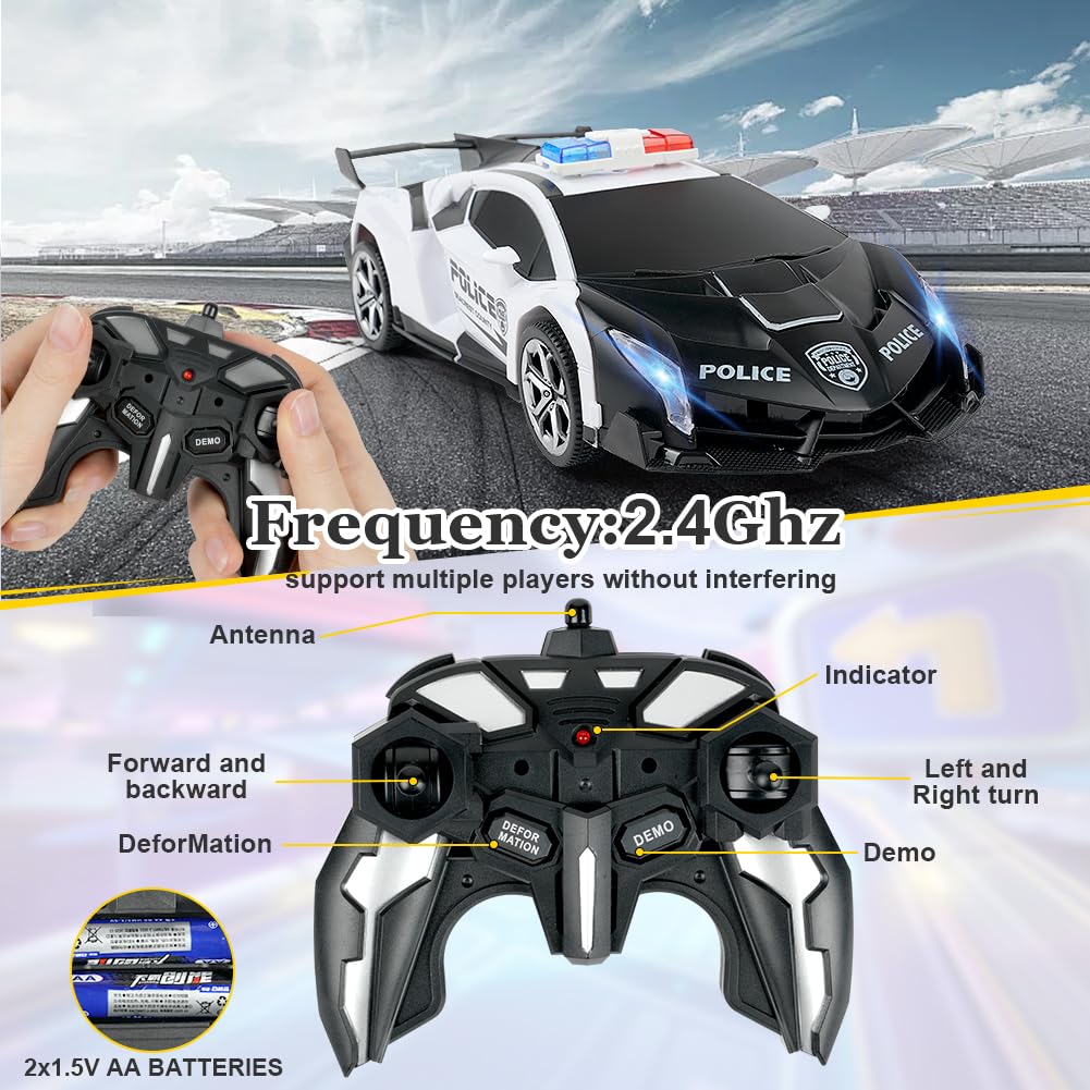 HOTUT 2 in 1 Robot RC Car,2.4GHz Transform Juguete Coche Teledirigido,Coche de Policía Teledirigido,con LED,Batería Recargable,Radiocontrol Coche de Juguete Teledirigido Niños Niñas 3-10 Años