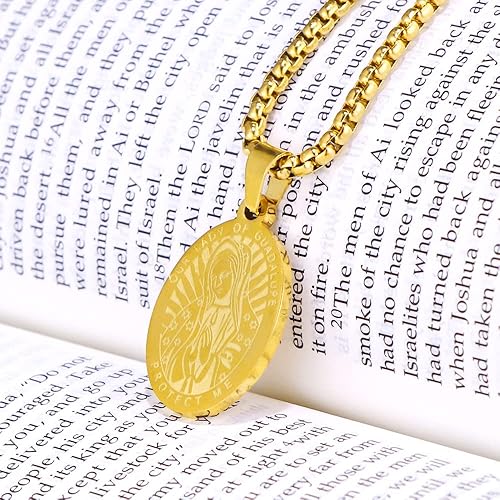 Miniatura 4 de Collar de acero inoxidable con medalla ovalada de San Benito, Cristóbal, Miguel, Juda, Jesús, Virgen de GuadalupeVirgen de Guadalupe para hombres,