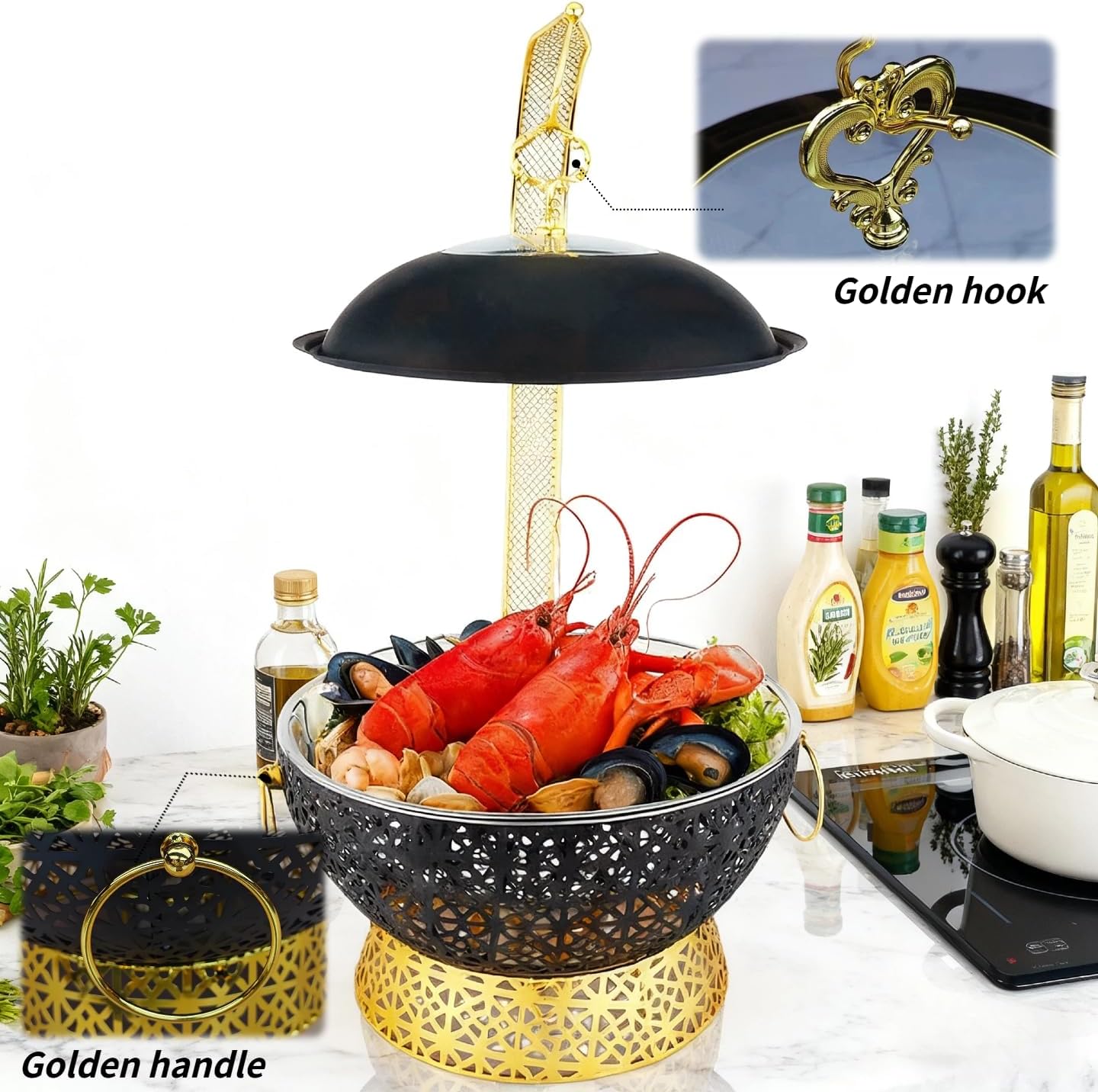 Black Chafing Dishes for Buffet,8Qt Luxury Chafing Dishes with Hanging,Elegant Hollow-Out Buffet Warmer for Weddings, Parties, Catering & Events,4 Packs