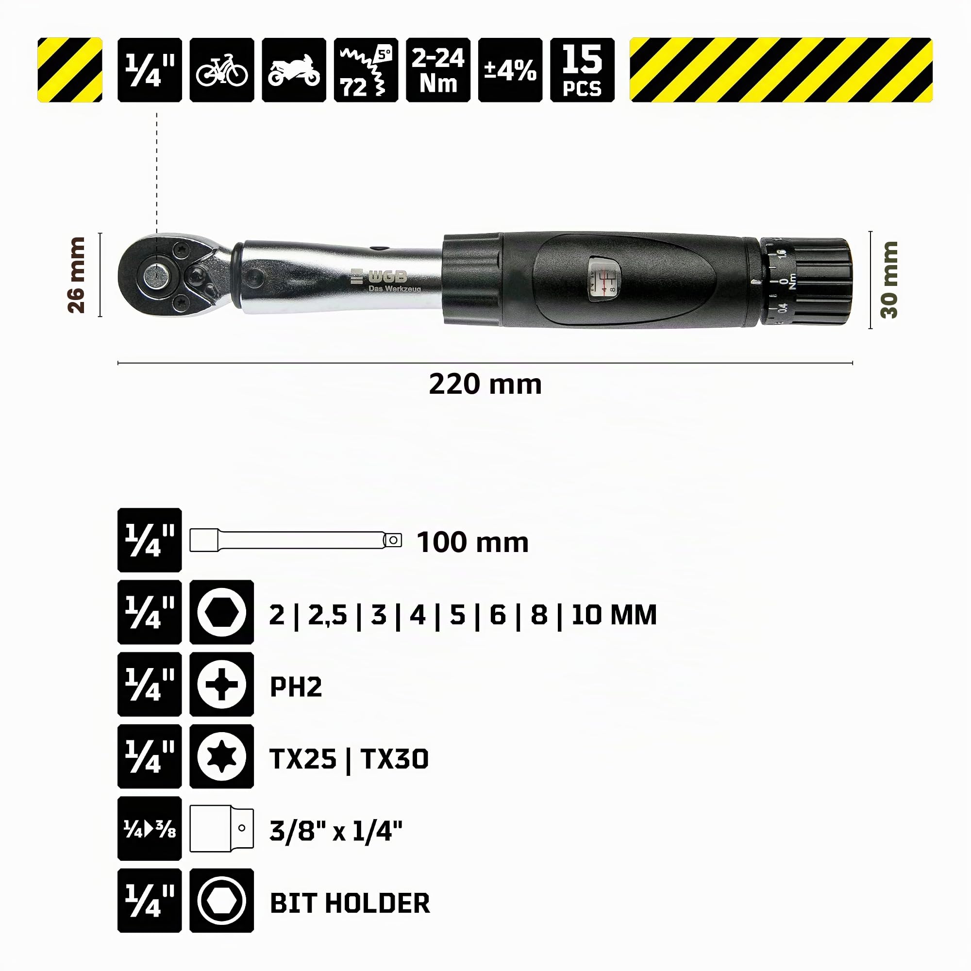 Drehmomentschlüssel klein 1/4" Zoll für Auto, Motorrad & Fahrrad | Kleiner Ratschenkasten mit Bit Set 2-24 Nm 15 teilig | Profi Steckschlüssel Werkzeug Set mit Nüssen | WGB