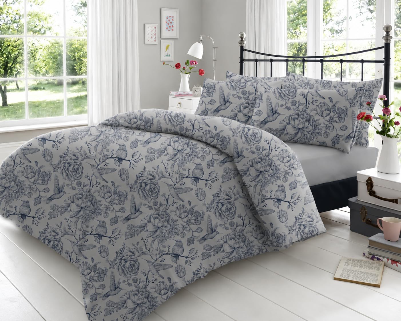 CONCEPT HOME Birdie 100% Cotton Sateen Duvet Cover Set with Pillowcases, Luxury Soft Floral Bedding Set, King Size, Stone Grey Floral, Reusable Fabric Bag Packaging
