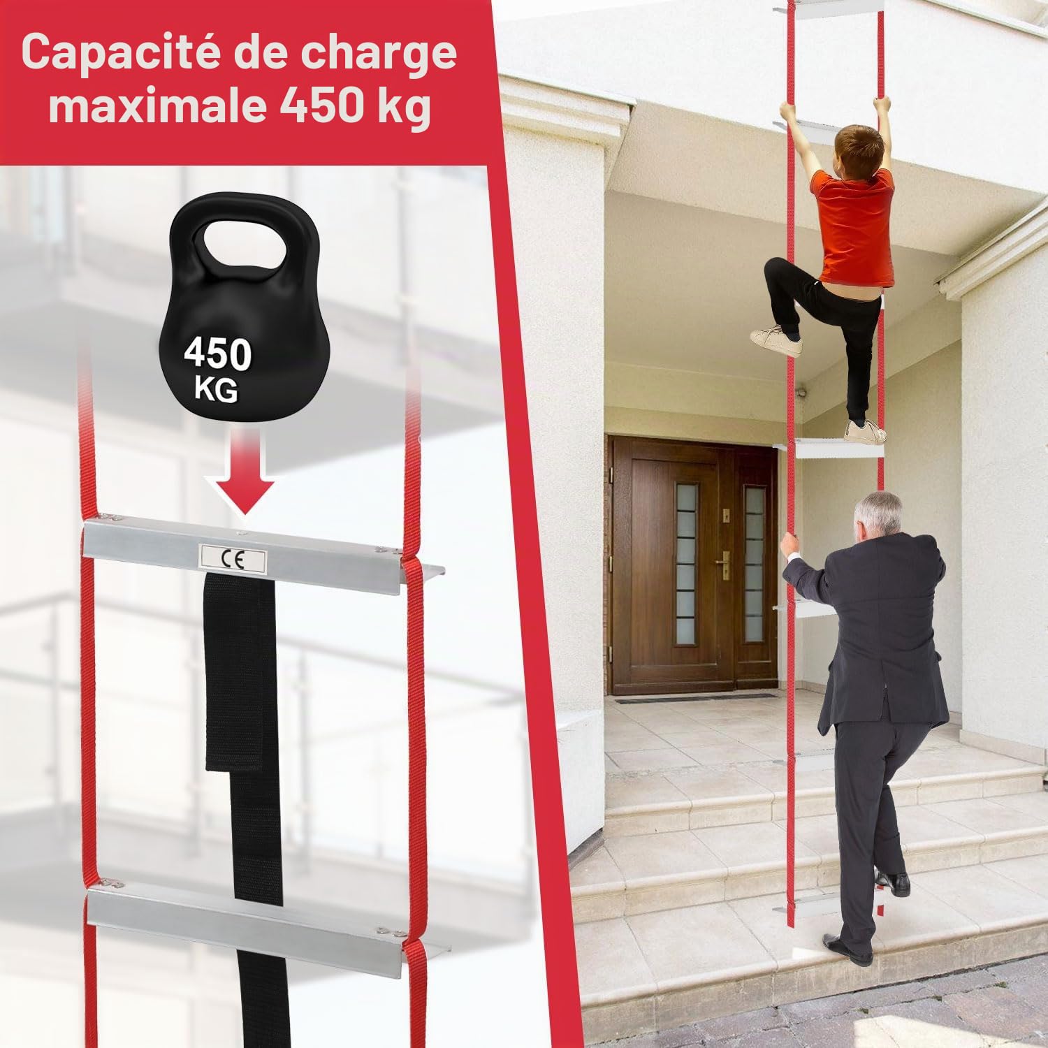 Eulenke Échelle de feu pliable de 4,5 m avec déploiement rapide en 3 secondes et crochets réglables - Charge maximale : 450 kg - Certifié EN1147 - Pour la maison, l'école, le bureau - Échelons