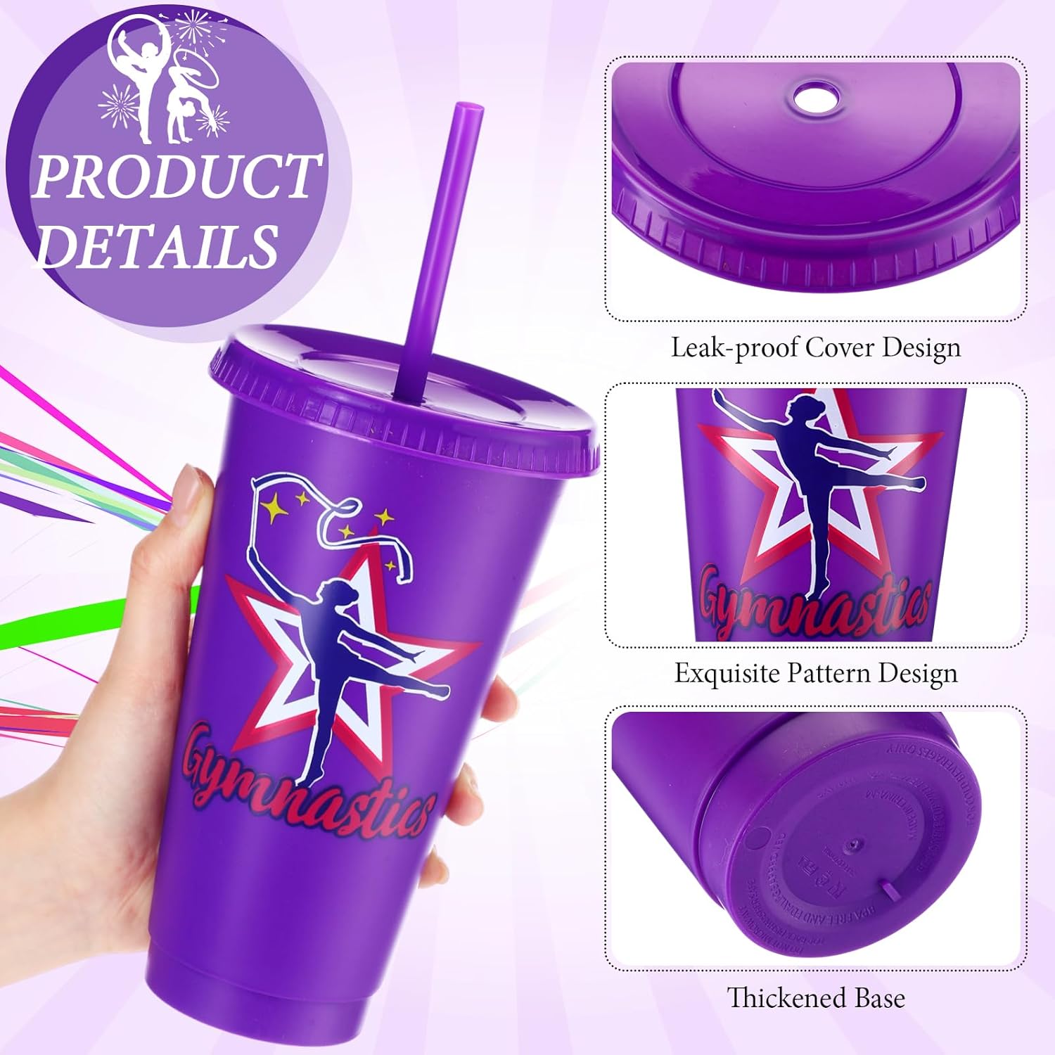 Nuogo 24 Pcs Gymnastics Party Favor Plastic Cups with Lids and Straws,24 oz Gymnastics Tumbler Cup Gymnastics Gifts for Adult Women Girl(Fresh Colors)