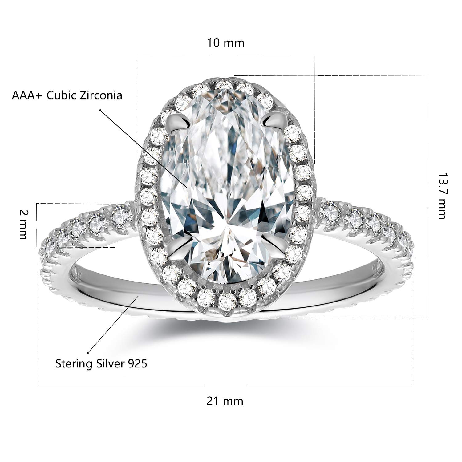 Anillo de compromiso con halo ovalado de 3 quilates con circonita cúbica en plata de ley, Oro blanco, plata esterlina, plata, Zirconia cúbica 7