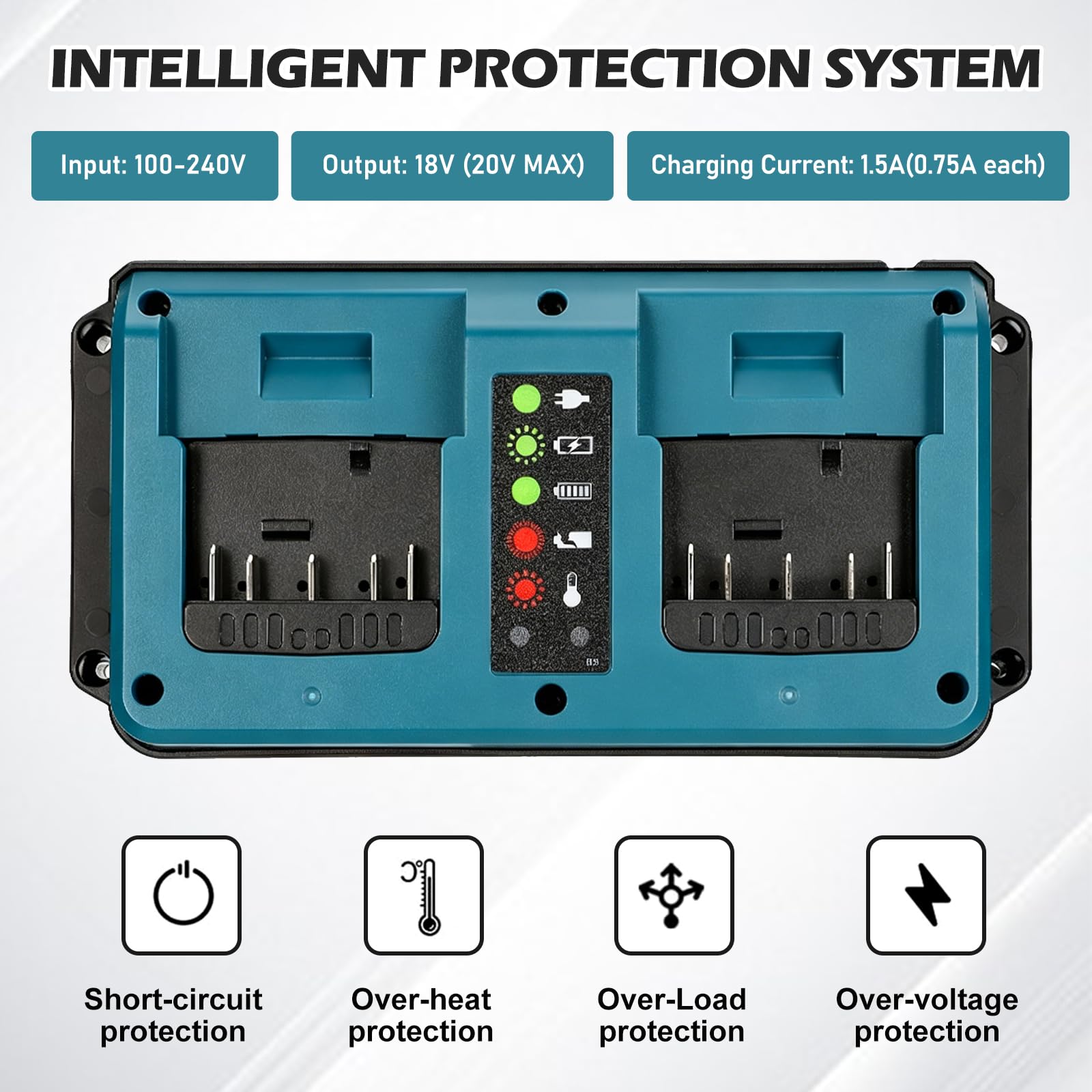 Cargador para batería Bosch de 18 V, cargador de doble puerto de repuesto, cargador rápido con indicador LED, batería profesional de 18 V para GBA BAT609 BAT610/BAT610G BAT611 BAT612 BAT618G BAT619