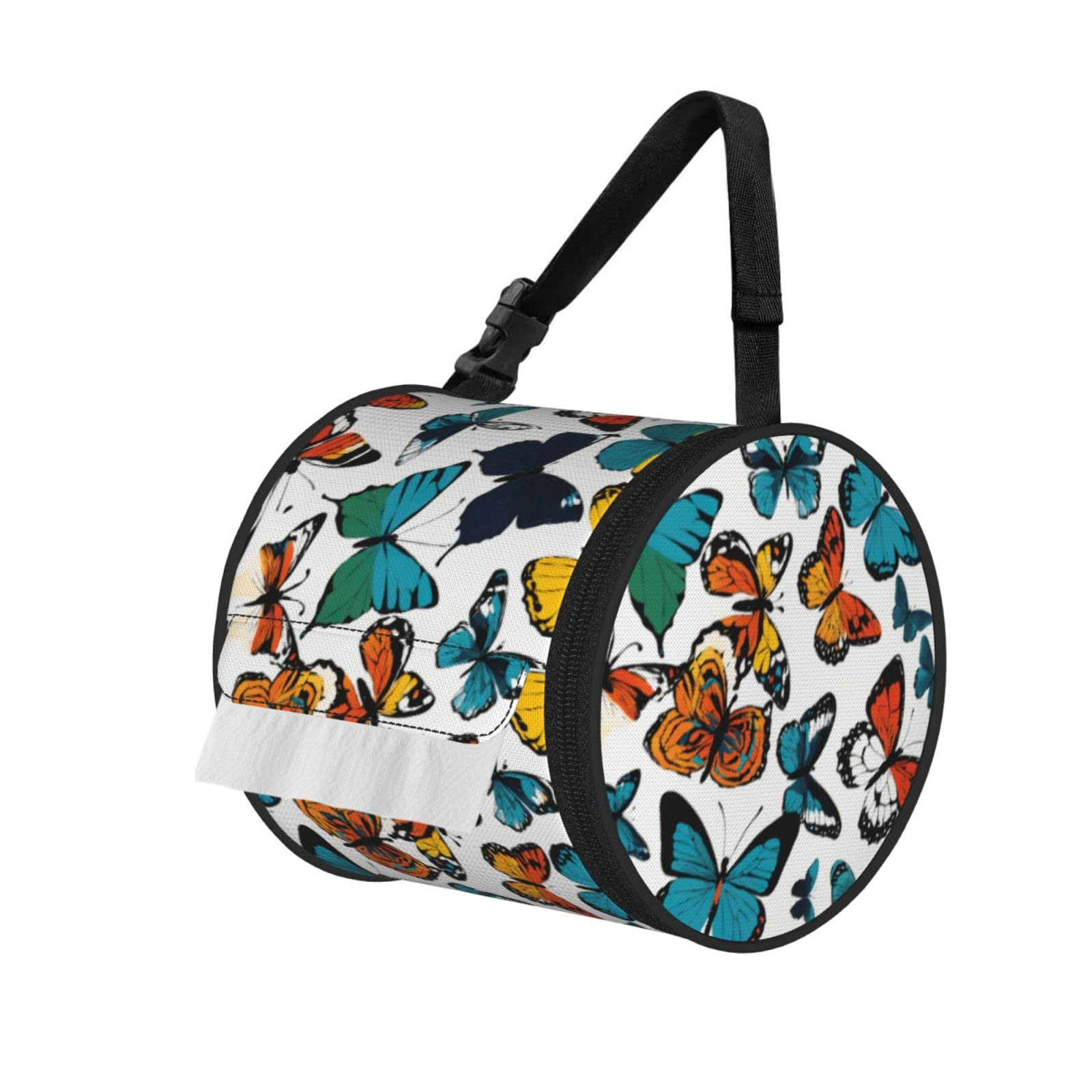 Colorful Butterfly Printed Hanging Tissue Organizer, Smooth Zipper Oxford Cloth Roll Holder for RV Bathroom Desk