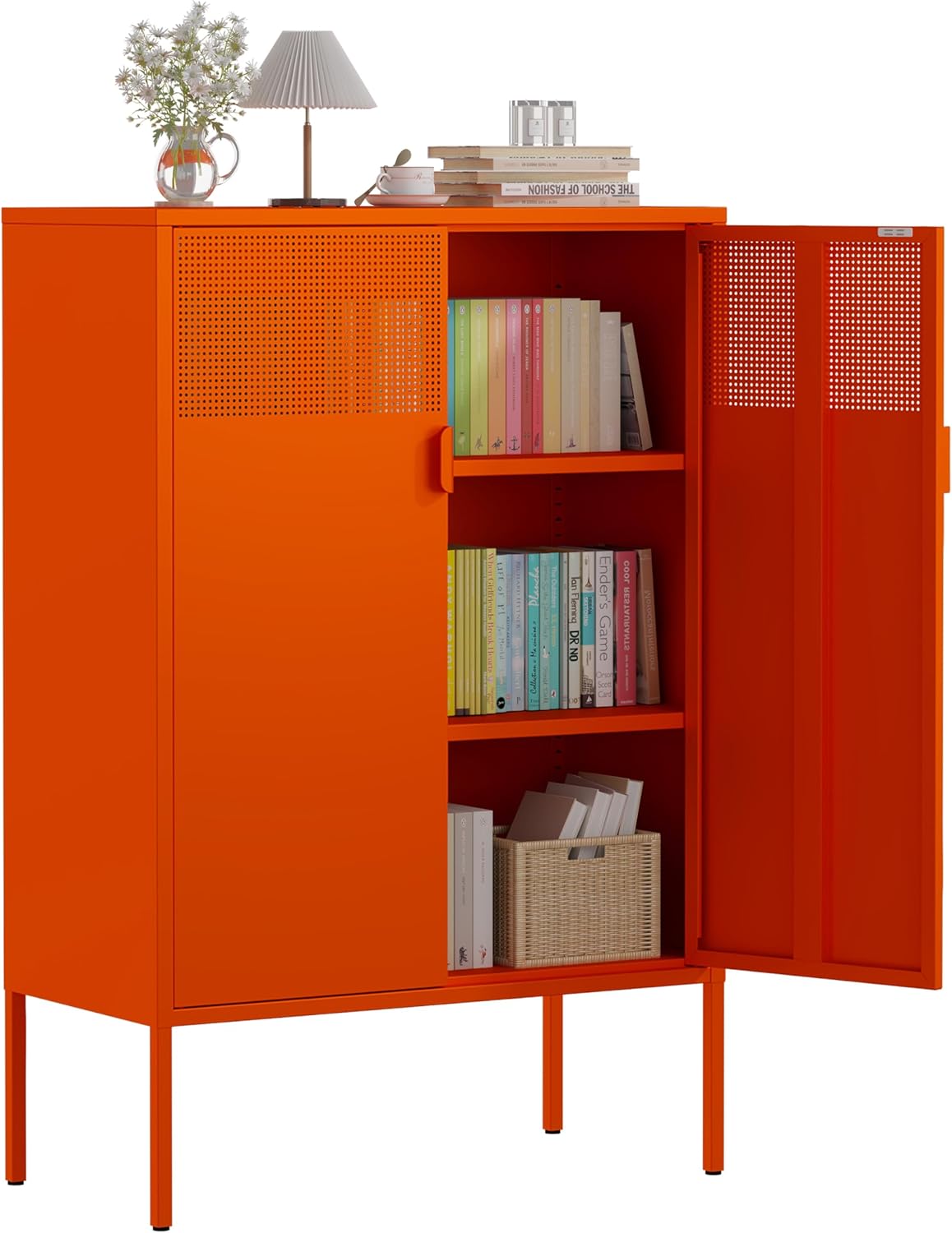 3-Tier Metal Storage Cabinet with 2 Adjustable Shelves, 2 Mesh Door Metal Locker Accent Cabinet with Legs, Orange Storage Cabinets, Metal Tv Stand Cabinet for Home, Office, Entryway & Hallway
