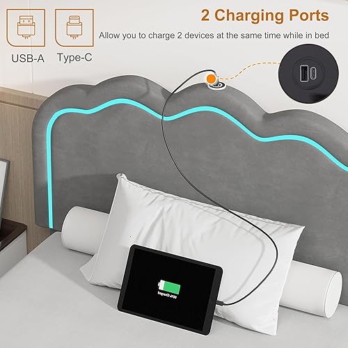 Miniatura 44 de VECELO Base de cama tapizada de tamaño individual con cabecero ajustable, luces LED, USB-A y tipo C, plataforma de terciopelo sin ruido, base de