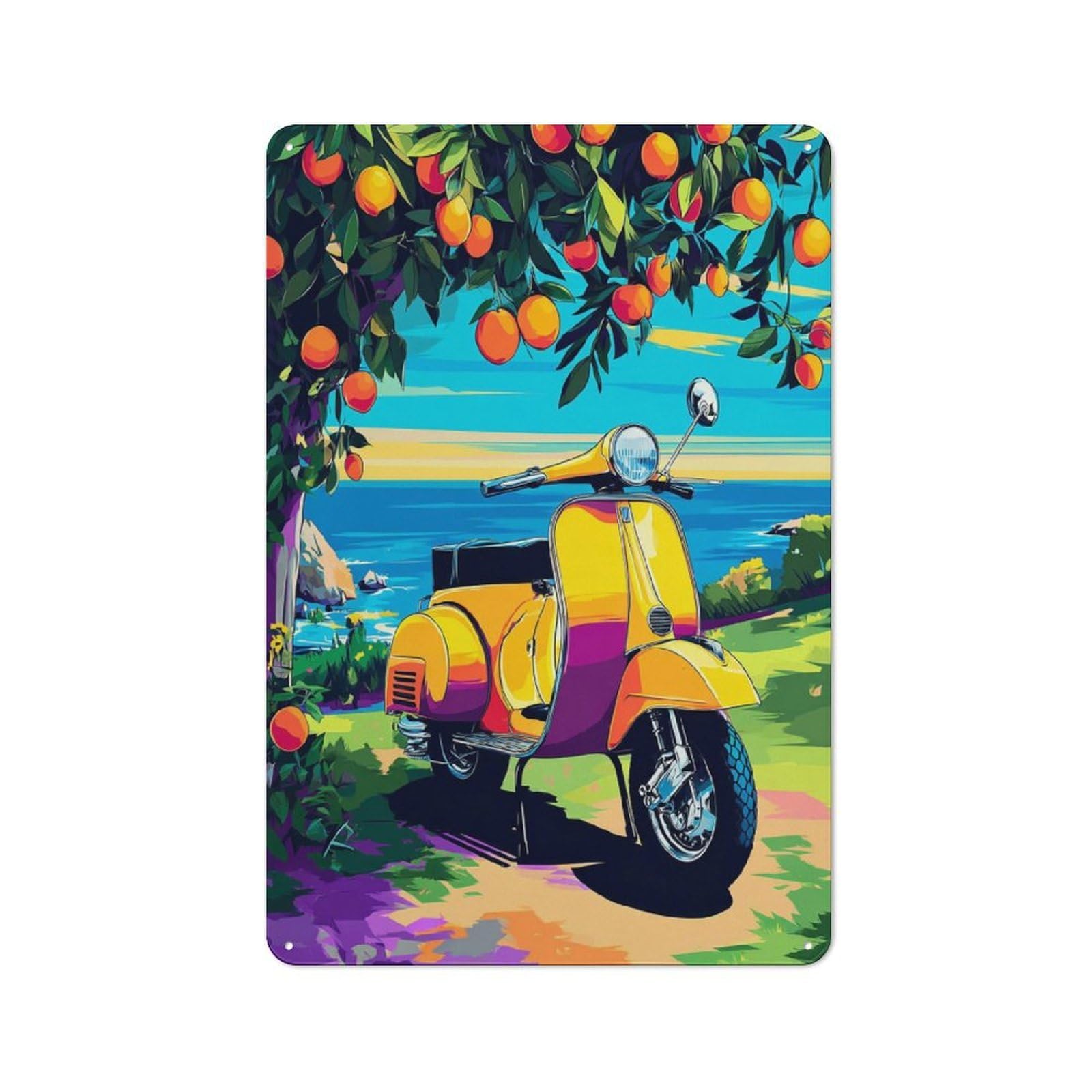 Junmoney Vibrant Scooter By The Sea Tin Wall Plaque 30X20cm With For Bar Or Restaurant, Suited To Restaurant Interior Fans