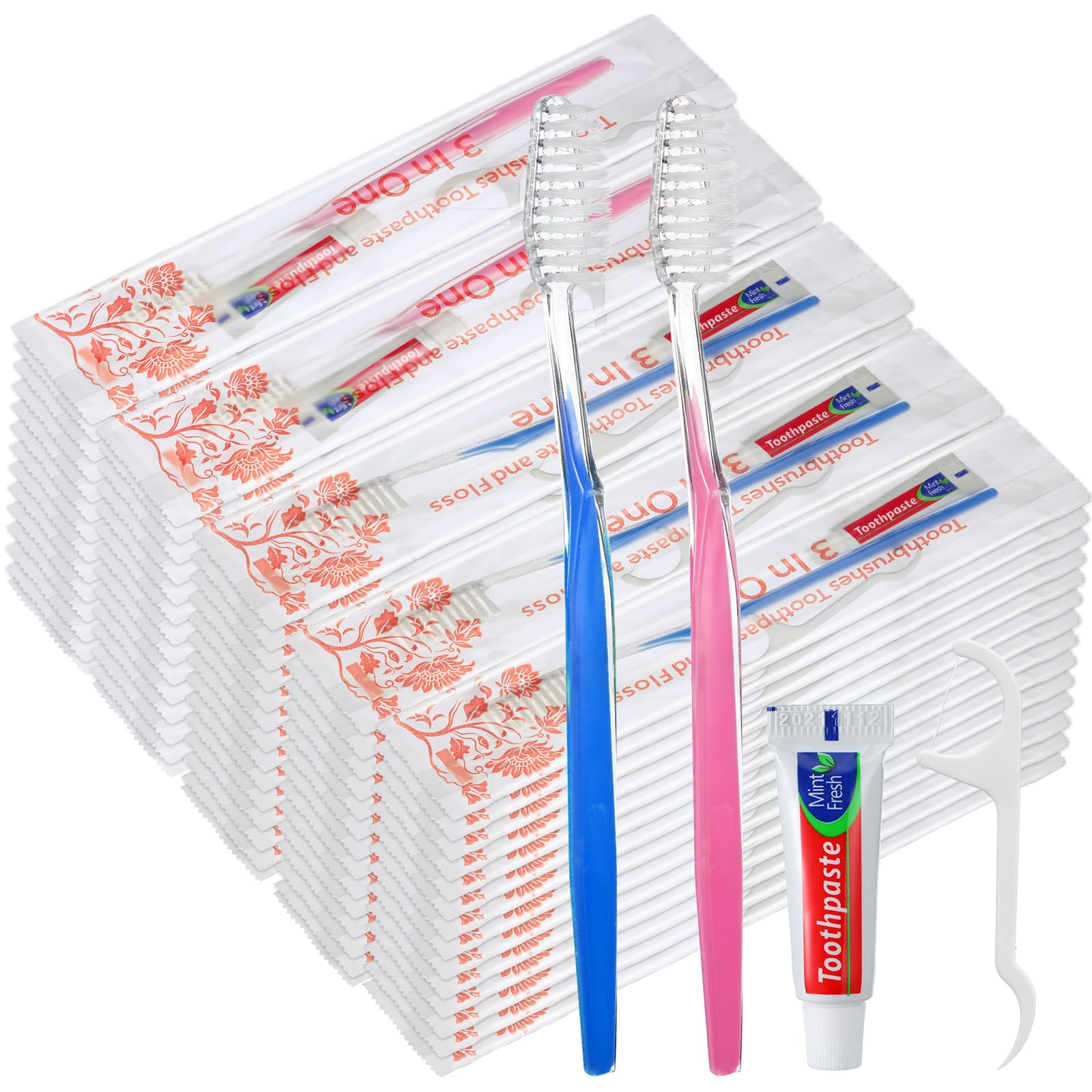 FoldTier 200 Sets Disposable Toothbrushes with Toothpaste and Floss Bulk Individually Wrapped 10g Toothpaste Homeless Hygiene Kit Bulk Homeless Care Package Supply for Travel Shelter (Light Blue Pink)
