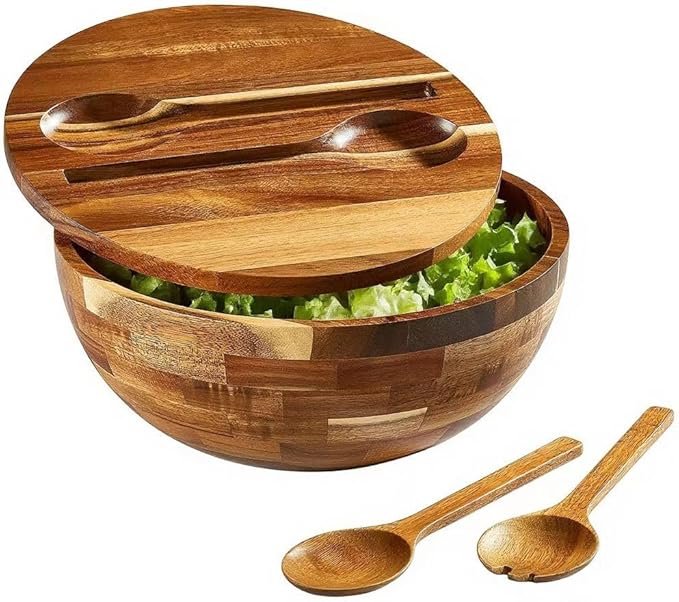JOYMAY Salad Bowls Wood Salad Bowl Set with Lid 11.8 Inch Large Wooden Bowls Set Acacia Wood Serving-Bowl with Serving Utensils Bowl for Kitchen, Dining, Party