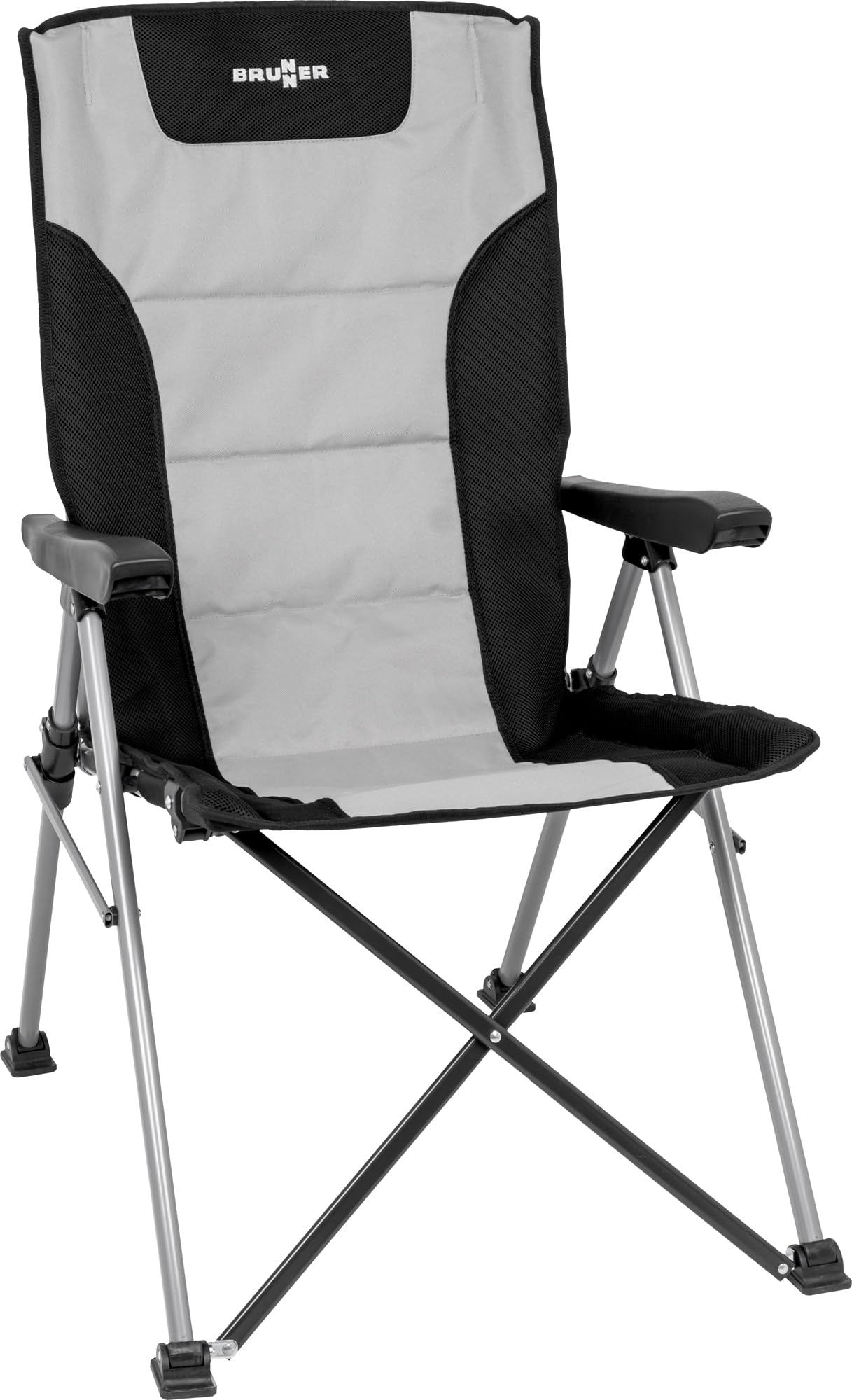 Brunner Raptor Highback Camping Chair, 3 Position Reclining Folding Chair, Extra Tall Back Support, Steel Frame Outdoor Chair with Armrests - Caravan, Garden & Festival Chair with Carry Bag (Grey)