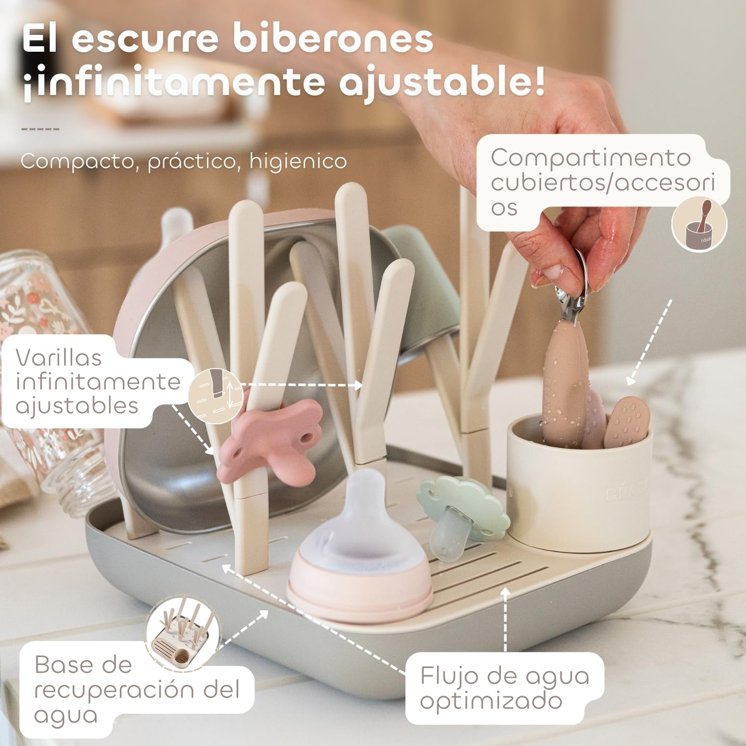 BÉABA, Escurridor y secador de biberones, gran capacidad, fabricado en España, modulable, hasta 6 biberones y vajilla para niños, recipiente para accesorios, fácil de guardar, compacto, Aarcilla.