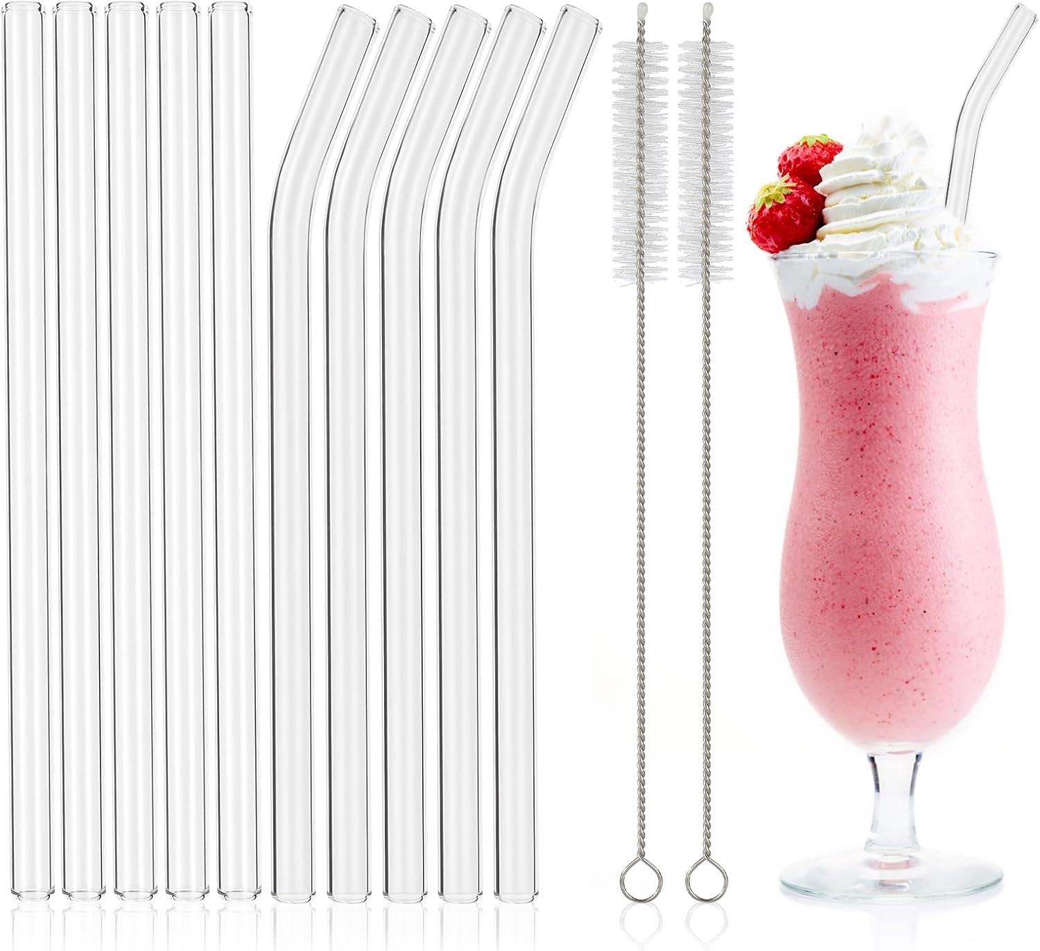 10 Pcs Reusable Clear Glass Smoothie Straws,9''x12 mm Wide Glass Straws Shatter Resistant for Milkshakes,Tea,Juice,Set of 5 Straight and 5 Bent with 2 Cleaning Brushes -Dishwasher Safe