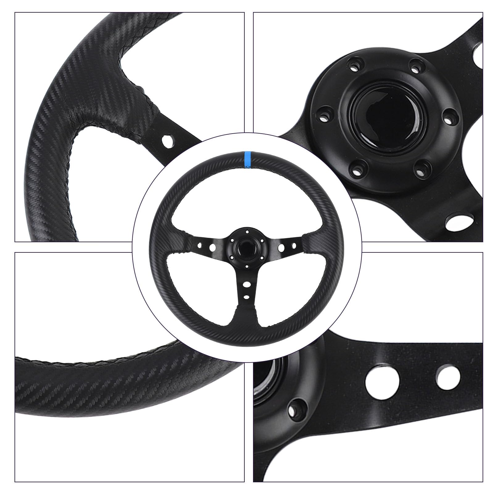 Volante da da 14 pollici, volante sportivo universale a profilo profondo con pulsante per clacson, telaio in alluminio con aspetto in fibra di carbonio rivestito in pelle PU (Blu)